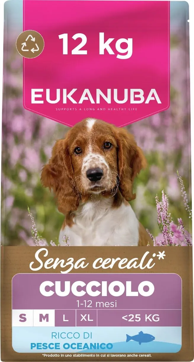 Eukanuba Mangime per cuccioli senza cereali con pesce per razze di taglia piccola e media, mangime secco premium senza cereali per cani giovani, 12 kg