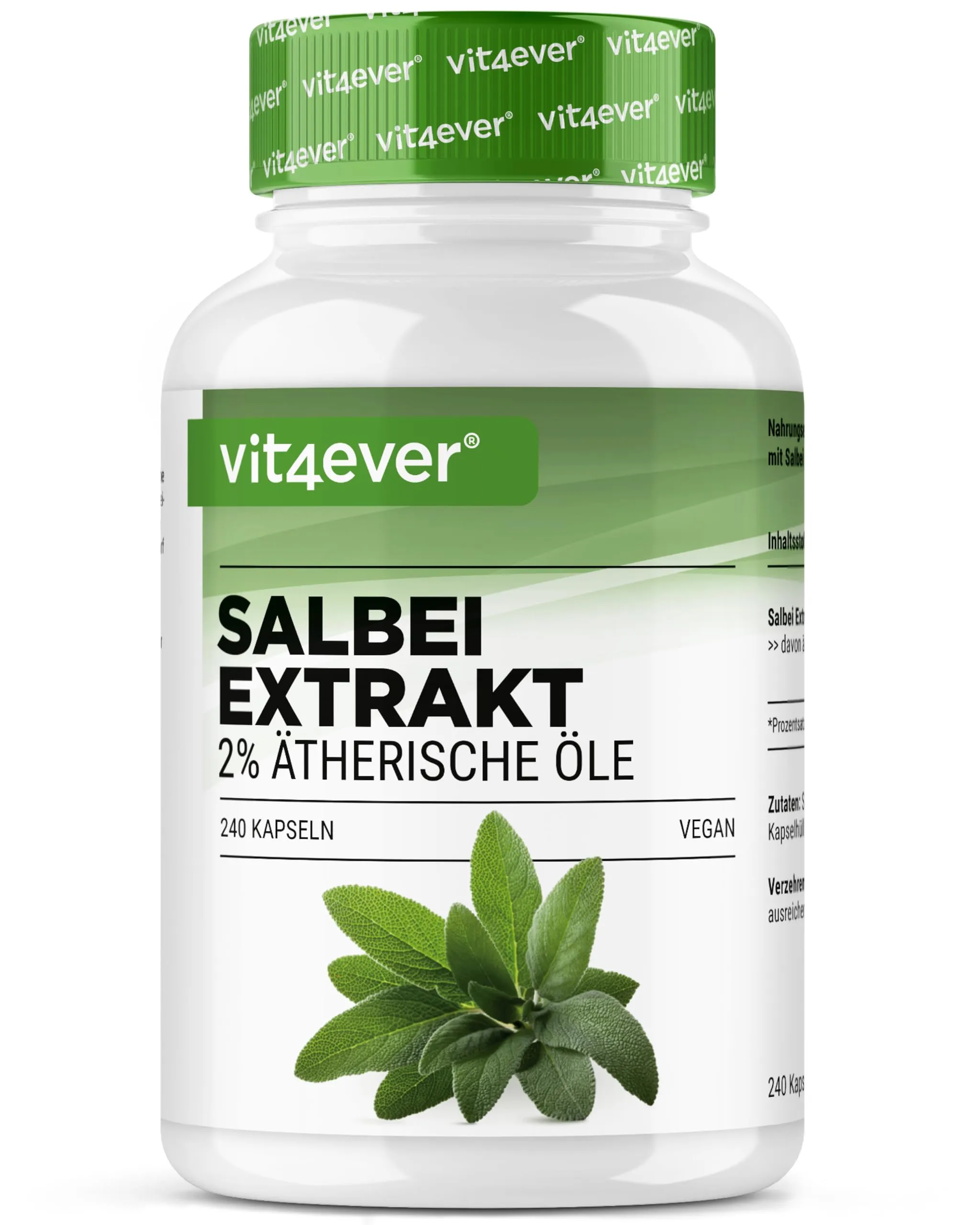 Salvia - 240 capsule ad alto dosaggio - 6000 mg di salvia per capsula (Salvia officinalis estratto 10:1) - 2% di oli essenziali - scorta di 7 mesi - Senza additivi indesiderati - Vegan