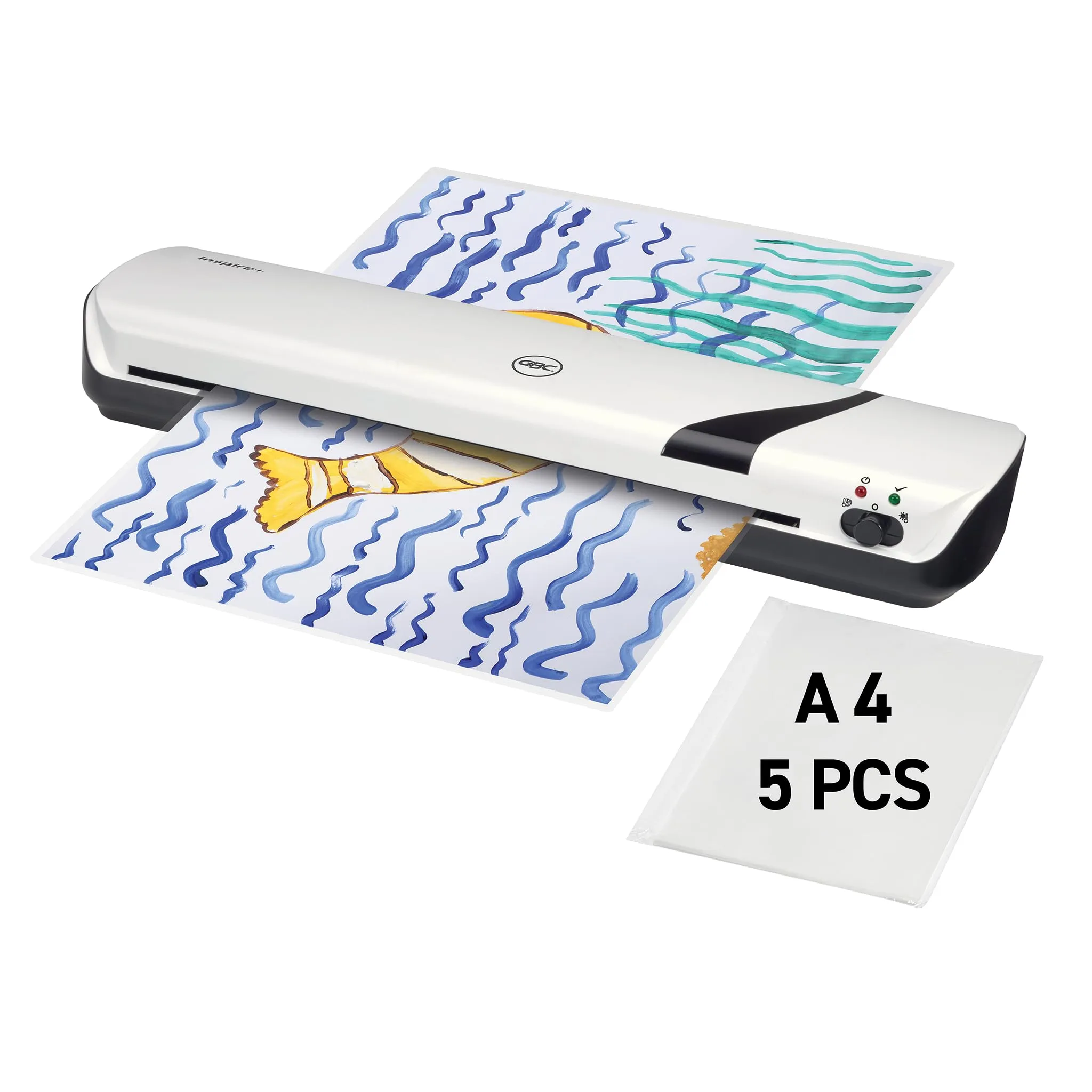GBC Inspire+ Plastificatrice A3 con Tempo di Riscaldamento di 4 Minuti e Leva di Rilascio Anti-Inceppamento, Include una Confezione da 5 Pouch, Plastificazione a Caldo e a Freddo - Bianco (4410032)
