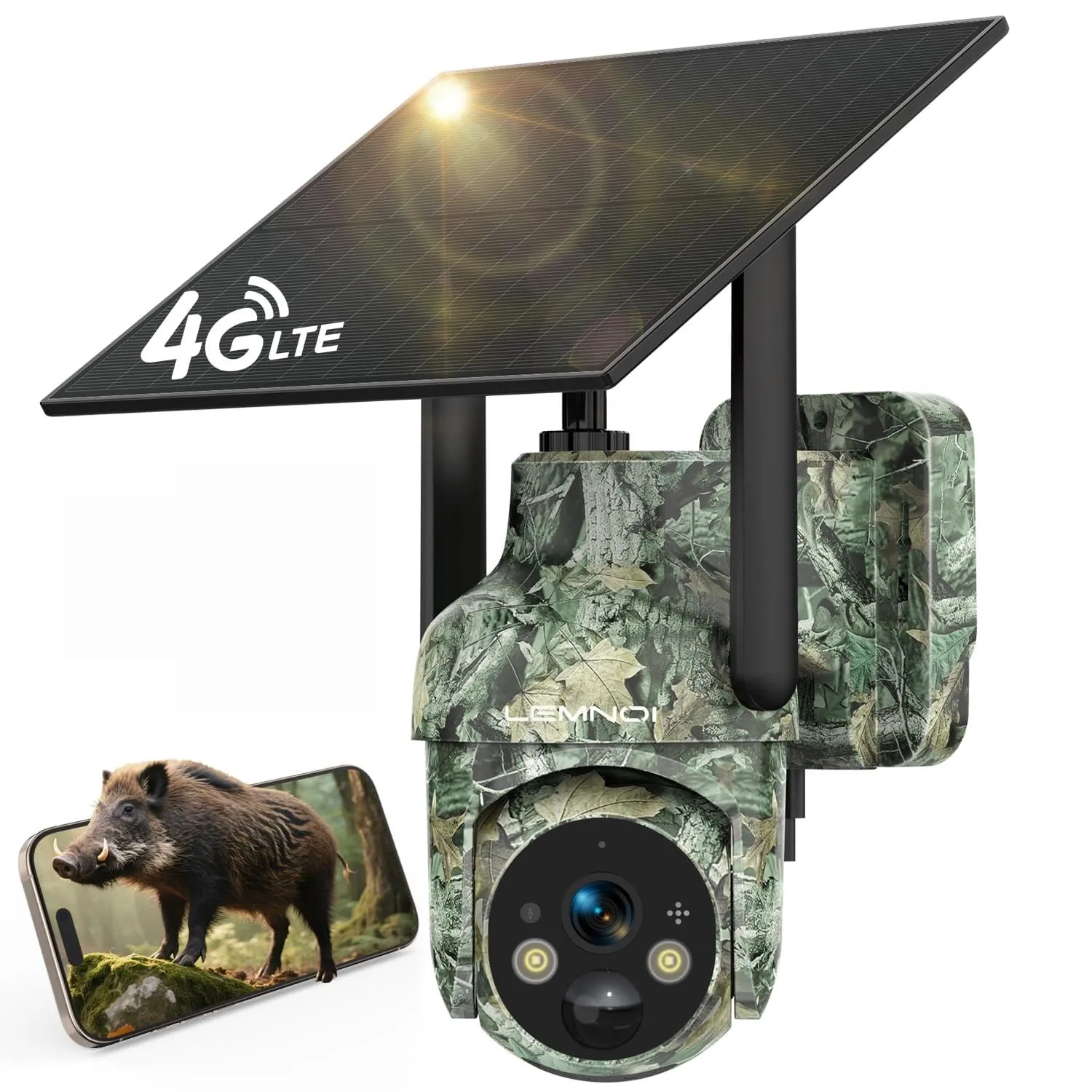 LEMNOI Fototrappola 4G Solare con SIM e Scheda SD Preinstallate, Fotocamera da Caccia con Pannello Solare, Telecamera Esterna 2K PTZ Impermeabile con Visione Notturna a Colori, Rilevamento PIR