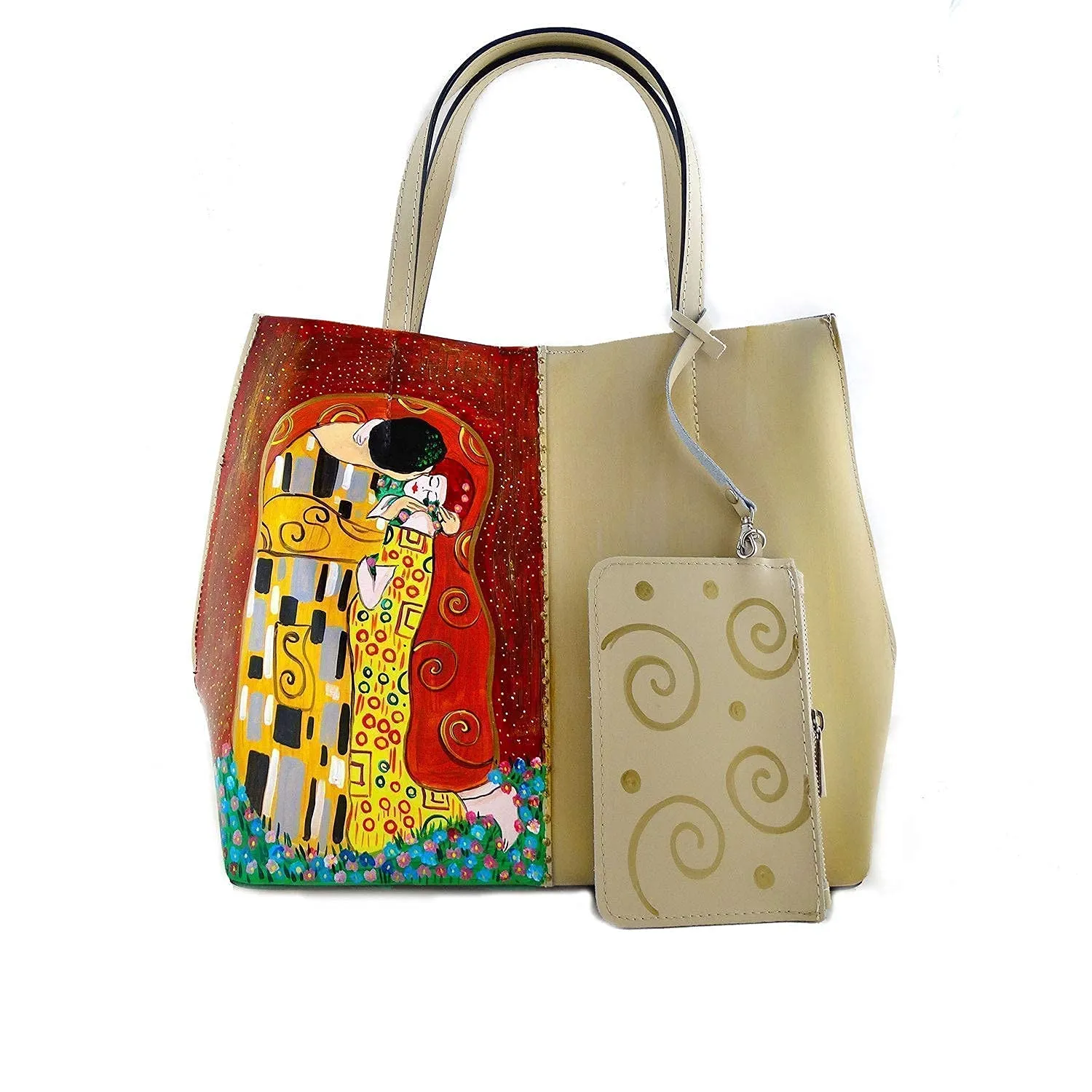 Borsa in pelle dipinta a mano – IL BACIO DI KLIMT - Borsa da Donna, Borsa a Spalla, Con Tasche, In Pelle Dipinta, Con Tasca in Pelle, In Pelle, Lavorazione Artigianale