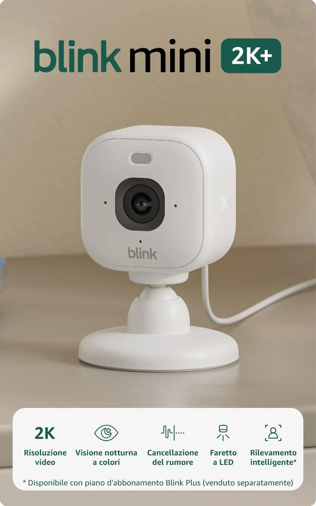 Videocamera Mini 2K+ Blink (ultimo modello) | Videocamera di sicurezza domestica con alimentatore plug-in, risoluzione video 2K, zoom 4x, visione notturna a colori | 1 videocamera – Bianca