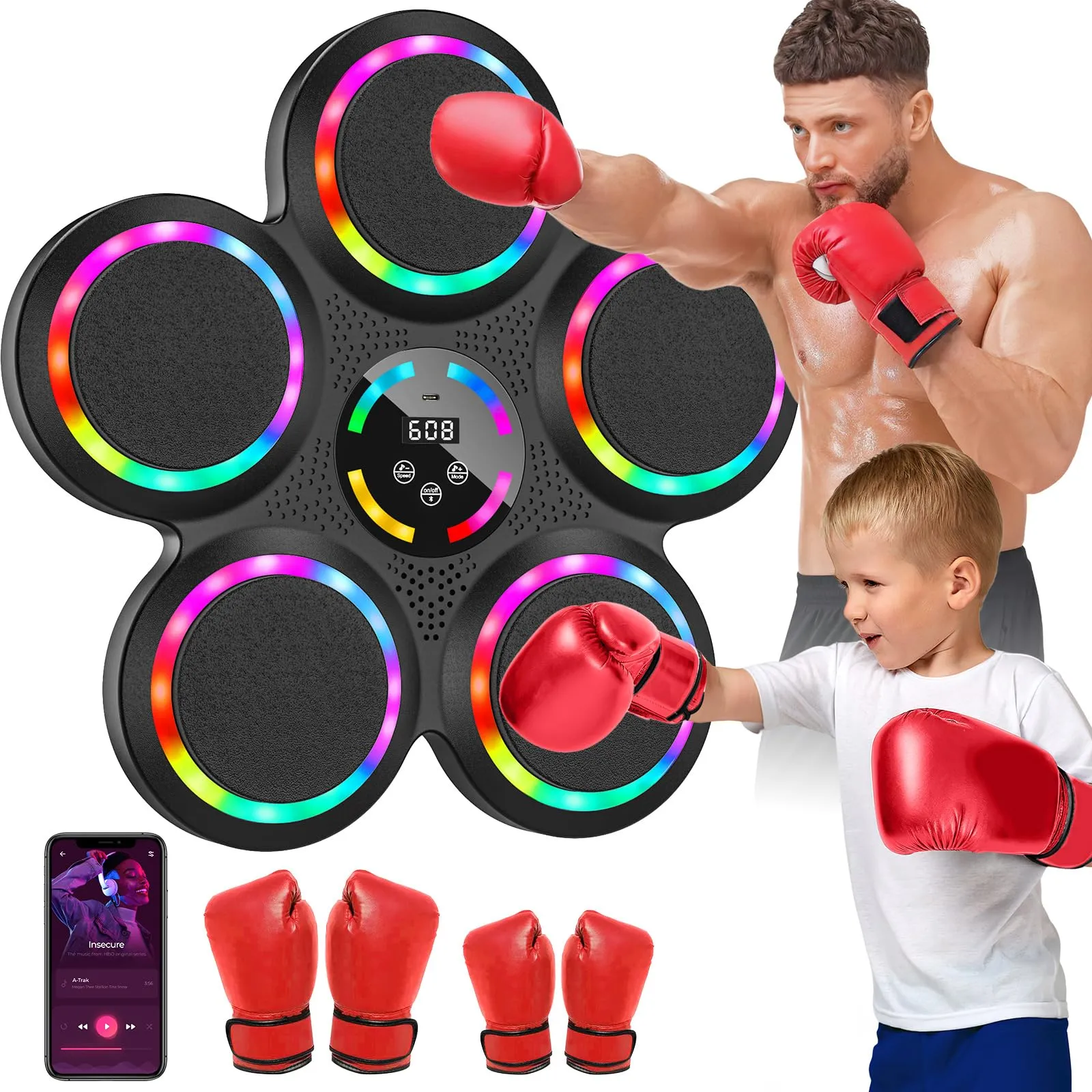 Macchina da Boxe Musicale, 2025 Nuovo Music Boxing Machine a Parete con Guanti, Luci Colorate, Supporta Bluetooth, 9 Velocità, 9 Modalità di Allenamento, Modalità di Conteggio, per Adulti e Bambini