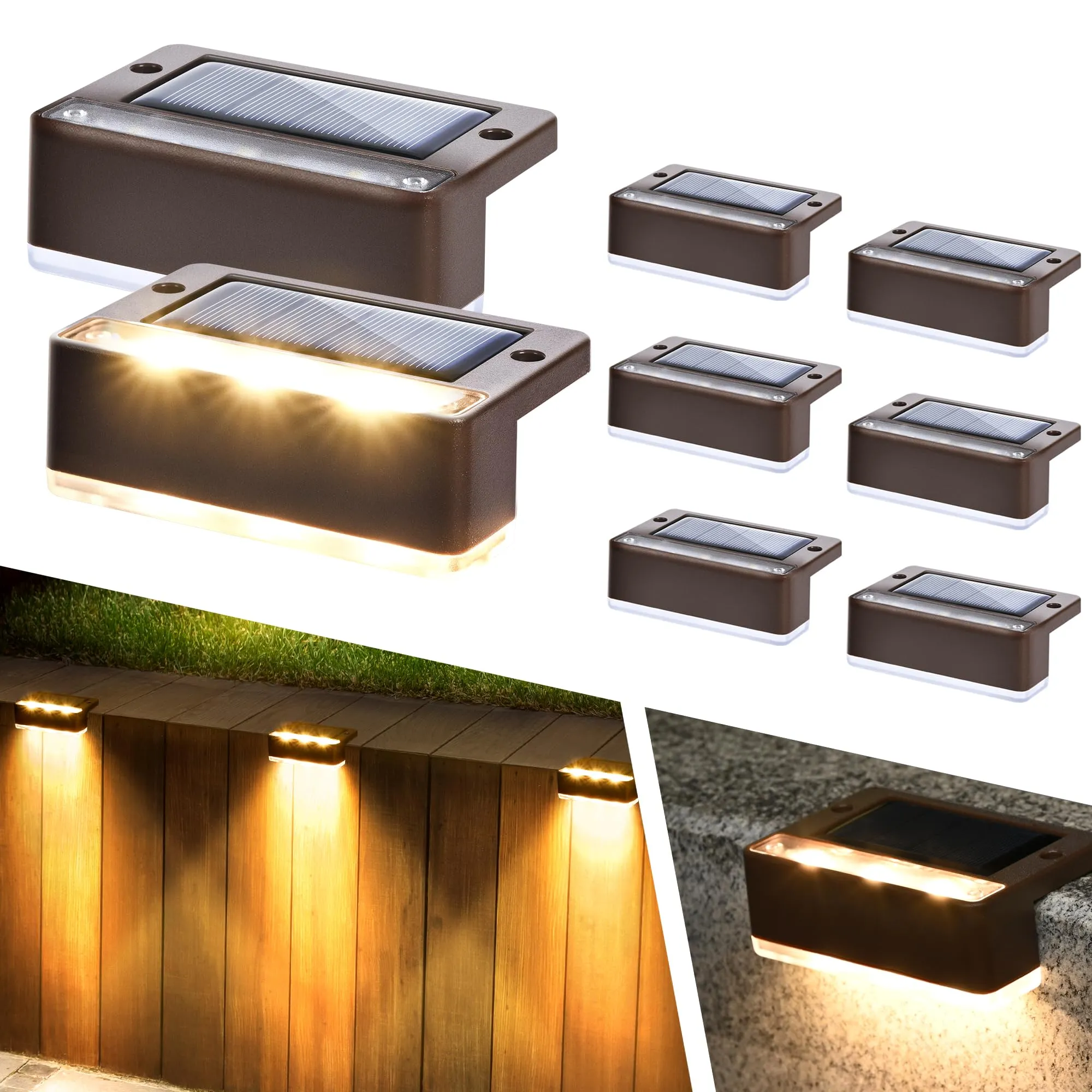 Solpex 8 lampade solari per esterni, luce bianca calda, luci solari impermeabili, illuminazione a LED per scale esterne, gradini, recinzioni, giardino, cortile, decorazione (marrone)
