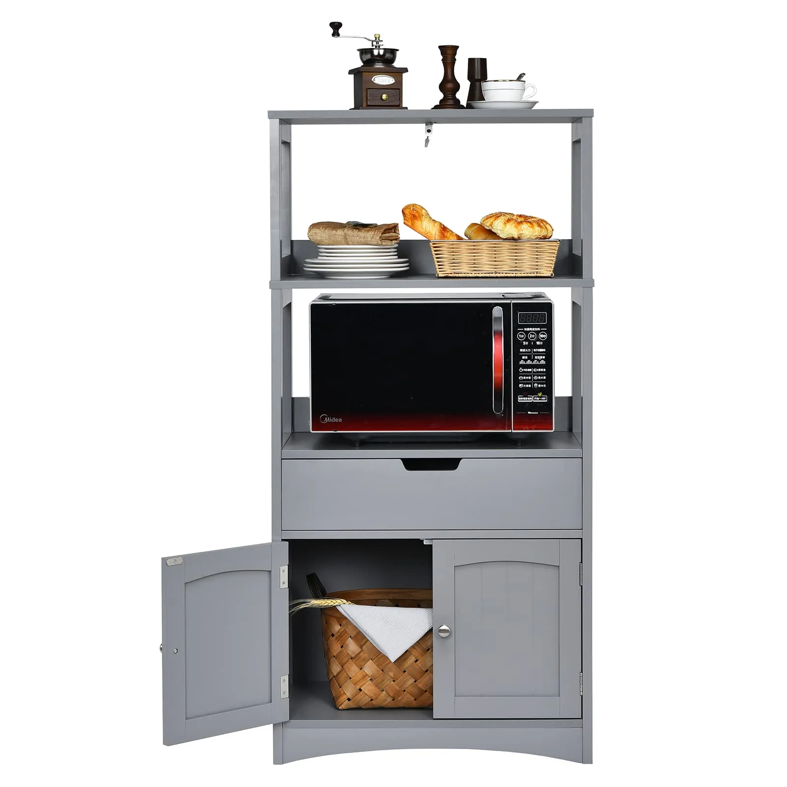 COSTWAY Armadietto del bagno con cassetto e mensola, armadio con 2 mensole aperte e 2 ante, armadietto per cucina, ingresso, salone e camera da letto, armadietto in legno (Grigio)