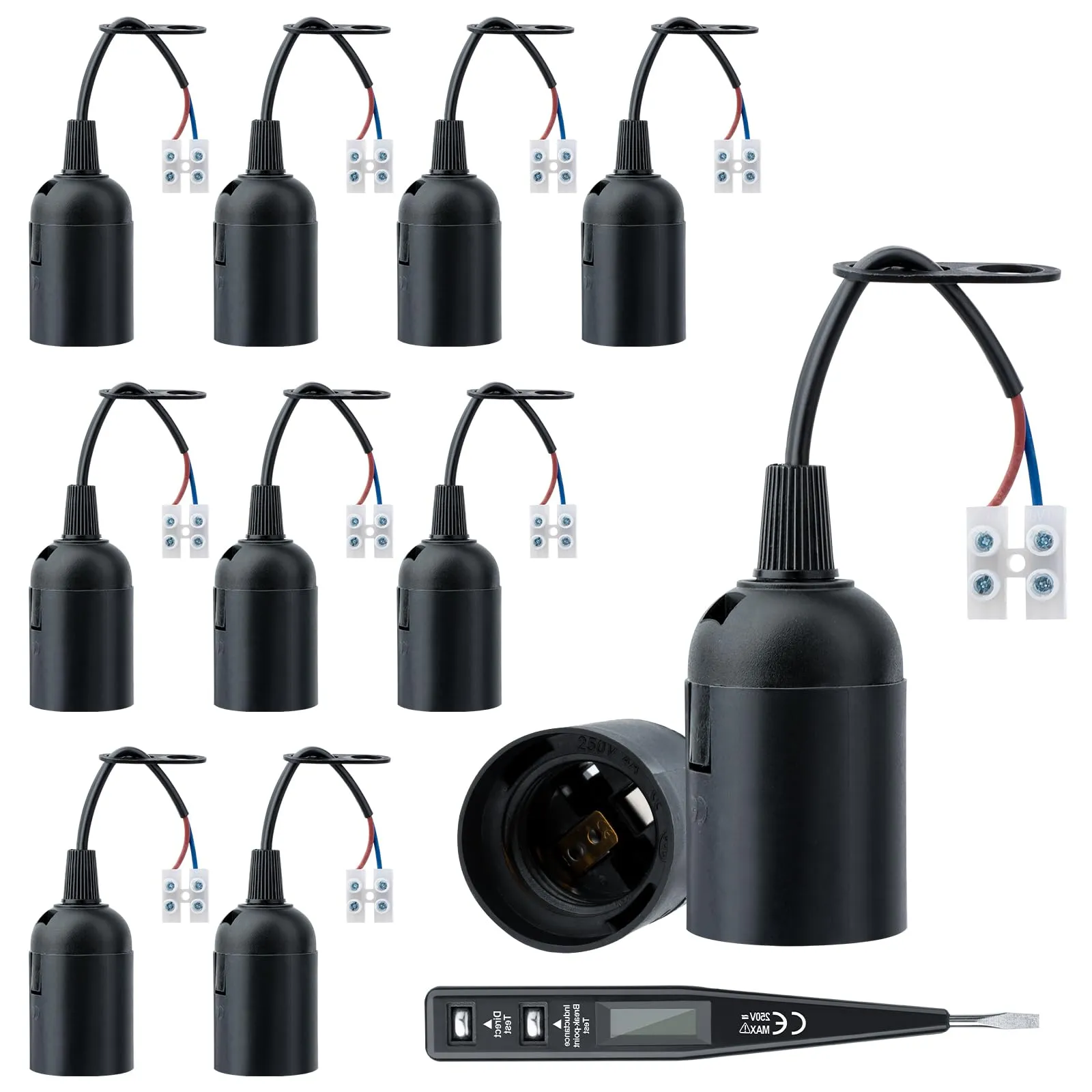 10 Pezzi Portalampada E27,Plastica E27 Lampade Basi con Filo e Terminale,Porta Lampadina E27 con Morsettiera Nera Porta Lampadina, Portalampada Base della Lampadina E27 per Cantiere,Ristrutturazione