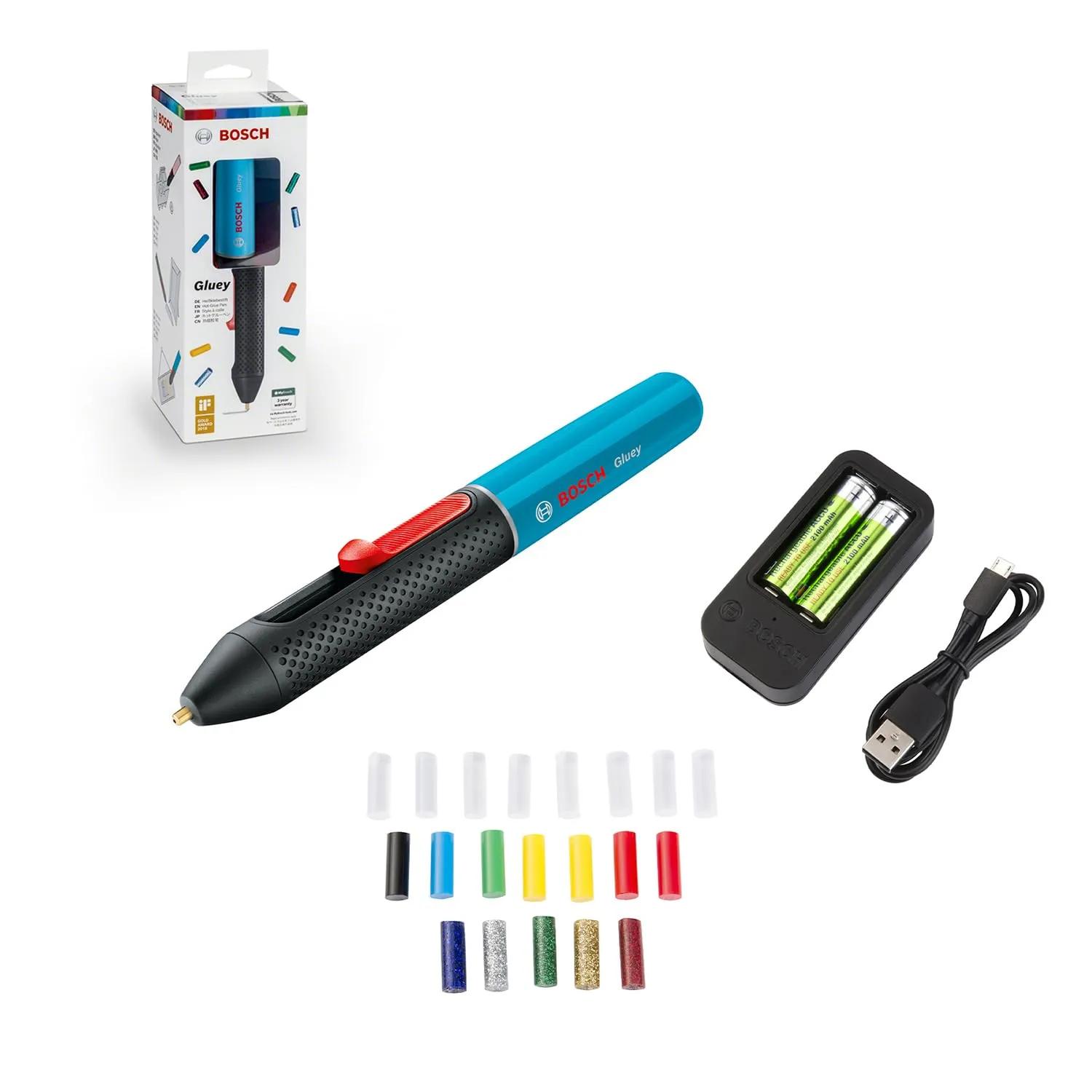 Bosch Home And Garden Gluey Lagoon Blue Penna Incollatrice A Caldo A Batteria, In Scatola Di Cartone, Azzurro, Con 20 Stick Di Colla