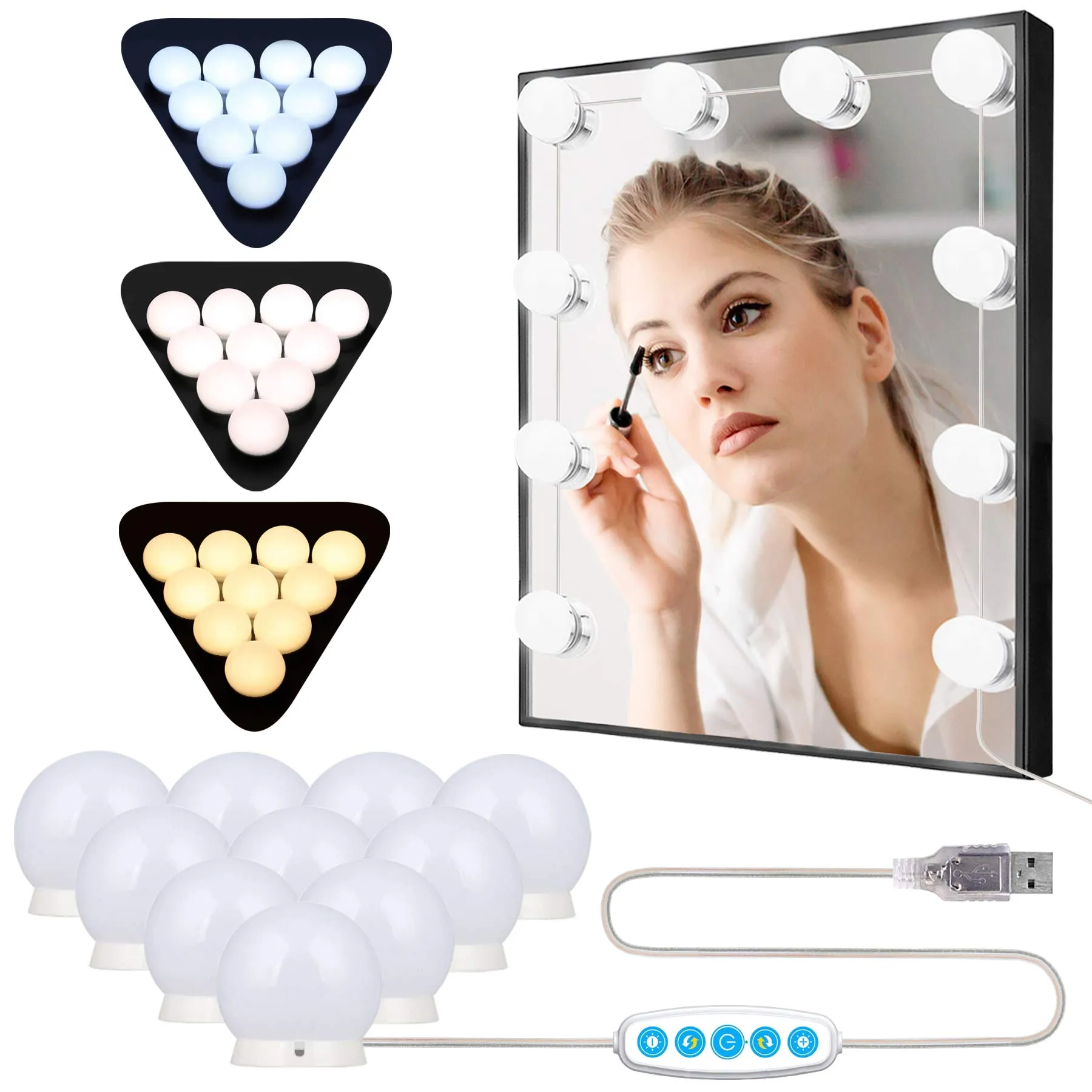 Anmossi Luci da Specchio da Tavolo per Trucco, LED Stile Hollywood con 10 Lampadine Dimmerabili,5 Livelli di Luminosità e 3 Modalità Colore, con Porta USB,3200K-6500K