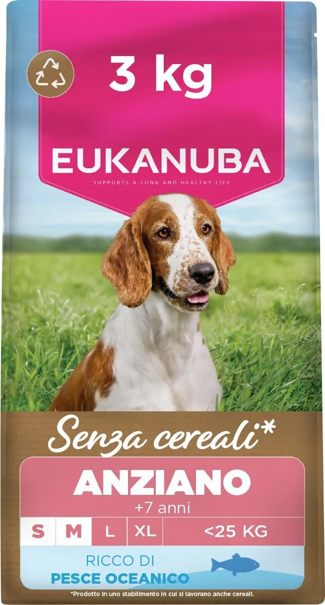 Eukanuba Senior Mangime per cani senza cereali con pesce per razze di taglia piccola e media, mangime secco premium senza cereali per cani anziani, 3 kg