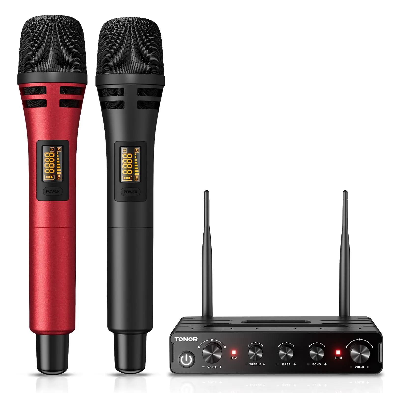 TONOR Microfono Senza Fili, Set di Microfoni a Mano per Karaoke, UHF Sistema con Ricevitore, Set di Microfoni Wireless per Karaoke Domestico, Feste, Chiese, DJ, Matrimoni, Discorsi TW350, Nero&Rosso