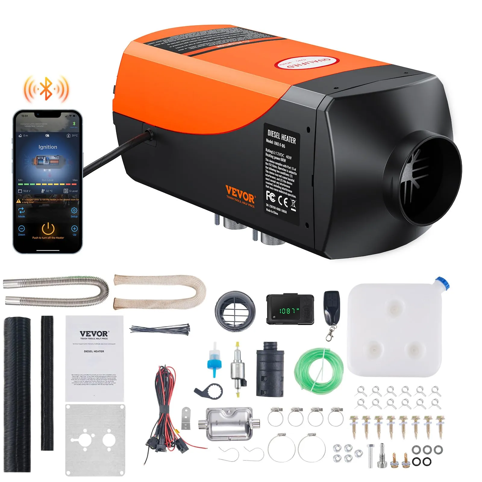 VEVOR Riscaldatore d'Aria Diesel per Auto Camper Camion RV 12V 5-8KW Temperatura Regolabile 8℃-36℃ Controllo Bluetooth Riscaldatore da Parcheggio Consumo di Carburante 0,16-0,62L/h BTU 20-25m²