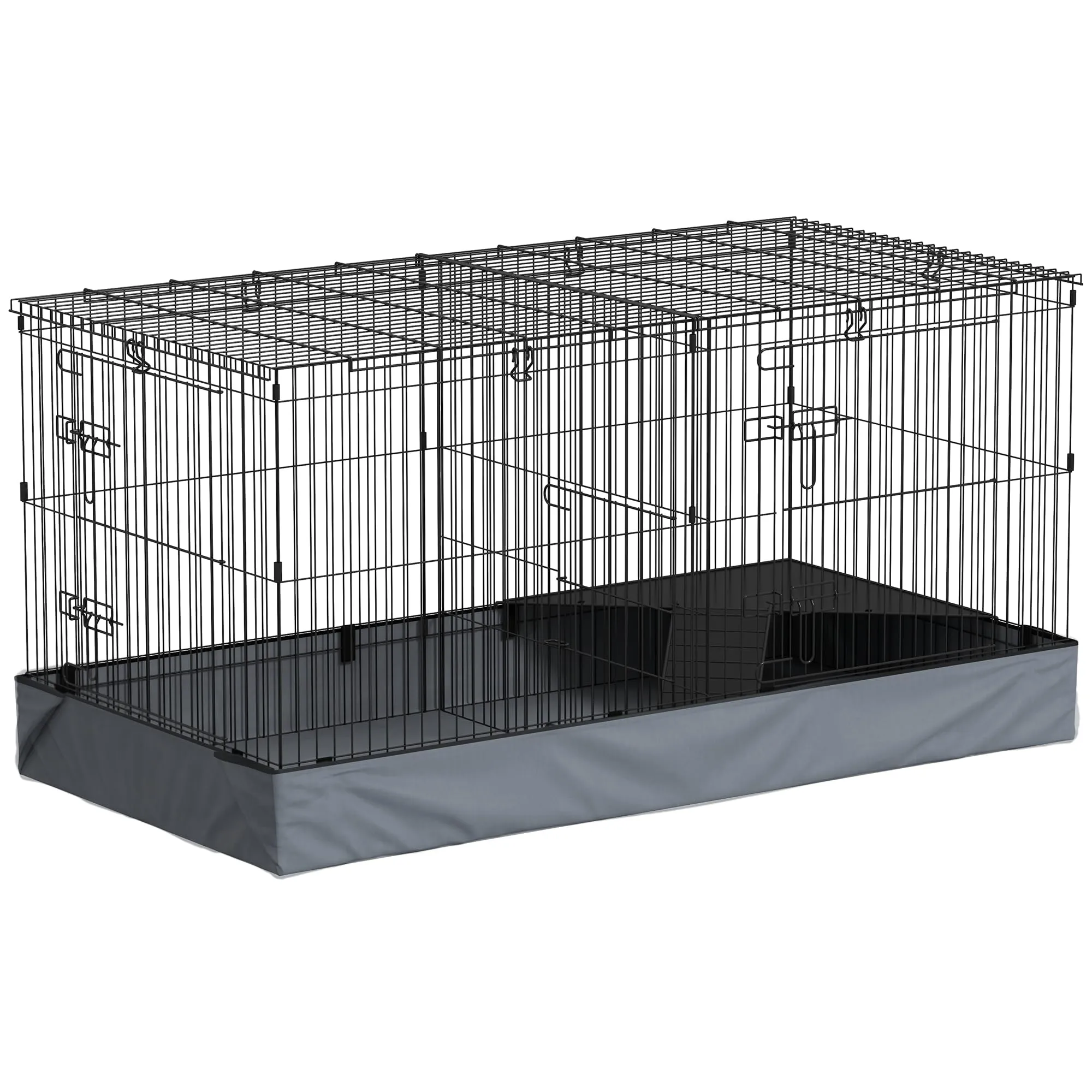 PawHut Gabbia per Animali Piccoli 2 in 1, Recinto per Conigli e Porcellini d'India con Coperchio Rimovibile e Fondo Impermeabile, Gabbiette Separate con Porta Centrale e Rampa, 121x61x61 cm, Nero