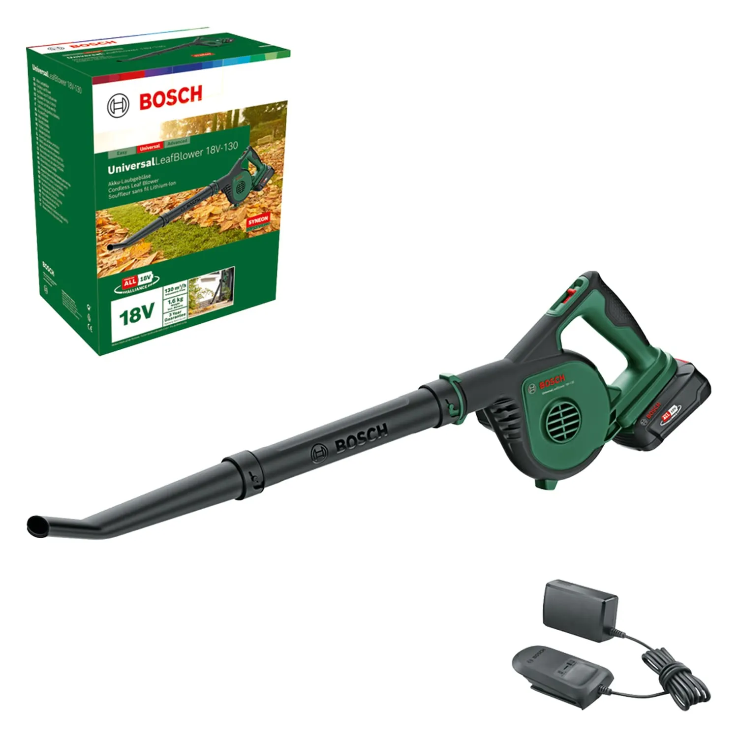 Bosch Soffiatore da giardino a batteria UniversalLeafBlower 18V-130 (per pulizie rapide e agevoli all'esterno; 18 Volt System; 1 batteria da 2,5 Ah e caricabatteria)