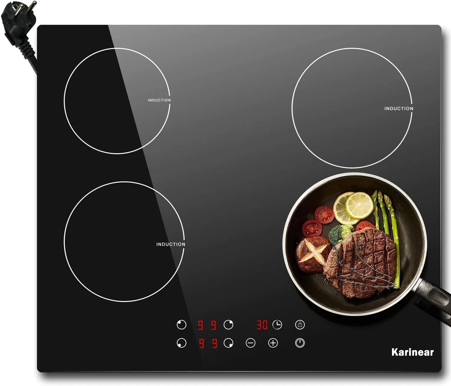 Karinear Piano Cottura Induzione 4 Fuochi Incasso, 3500 W, 60 cm Piastra a Induzione 4 Zone, Piano Cottura Elettrico 4 Piastre con Spina, 9 Power, Toccare, Blocco di Sicurezza, Timer, Vetro, Nero