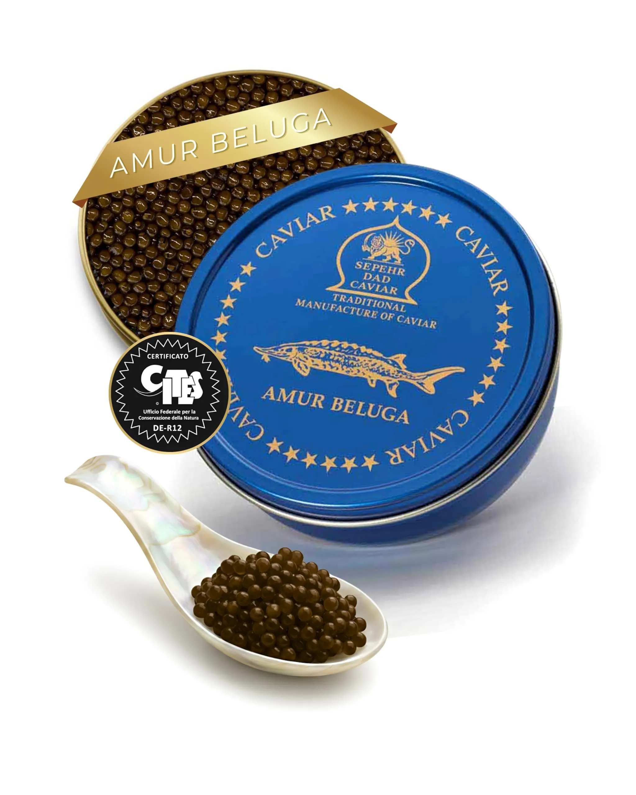 Sepehr Dad Caviar Caviale Beluga Amur 50g (caviale di storione ibrido) | Uova di pesce di classe A | allevamento Cn | 50 g