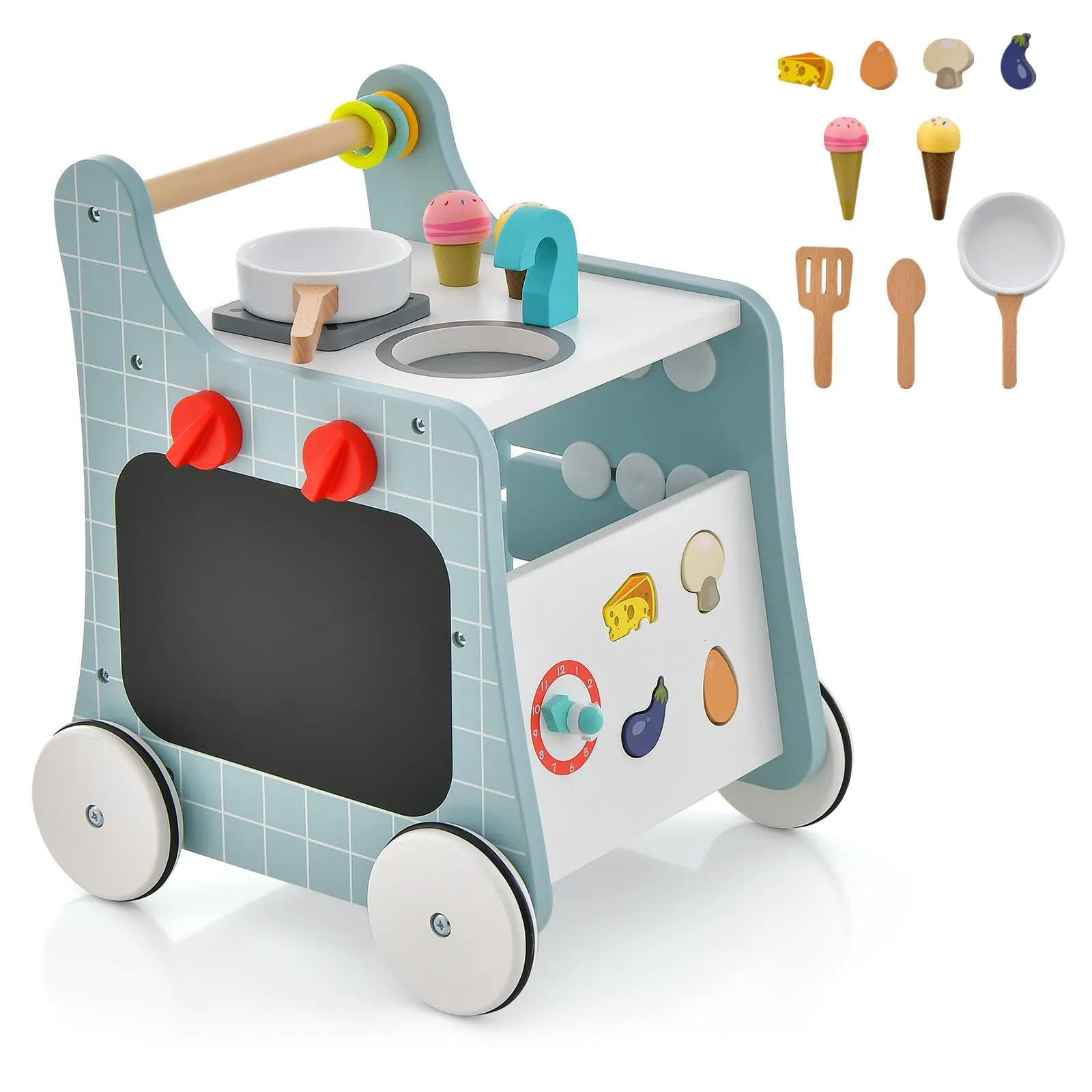 COSTWAY Girello per Bambini 6 in 1, Carrellino Primi Passi per Bmbini in Legno, con Cucina Giocattolo, Gioco Educativo con Ruote per Bambini 12 Mesi + (Blu)