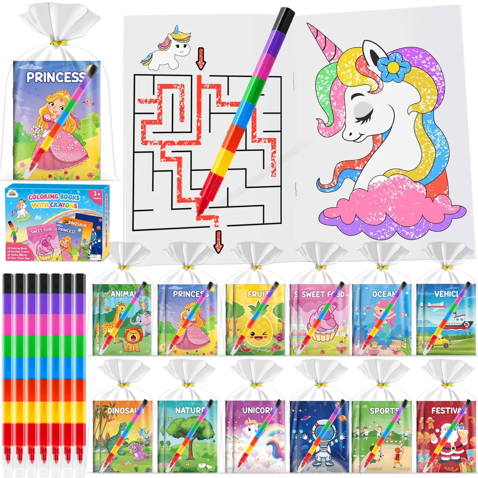 ZMLM 24 Mini Libri da Colorare con Pastelli a Cera per Bambini Regalini, 12 Temi di Libri da Disegno con 8 Colori 24 Pastelli per Attività Artistiche e Riempimenti Bambini 4 a 8 Anni