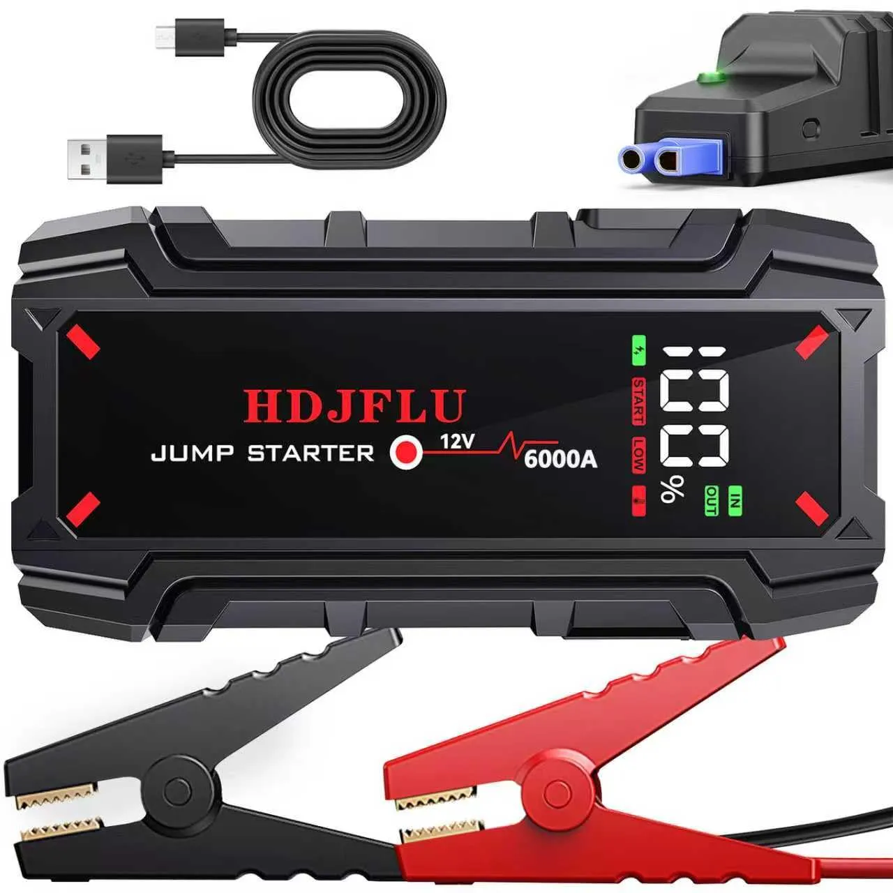 6000A auto portatile jumper starter, batteria jumper starter per 8L benzina e 6L motore diesel, 10 protezione di sicurezza, 12V jumper box, USB, luce a LED, per camion, SUV, rv， nave