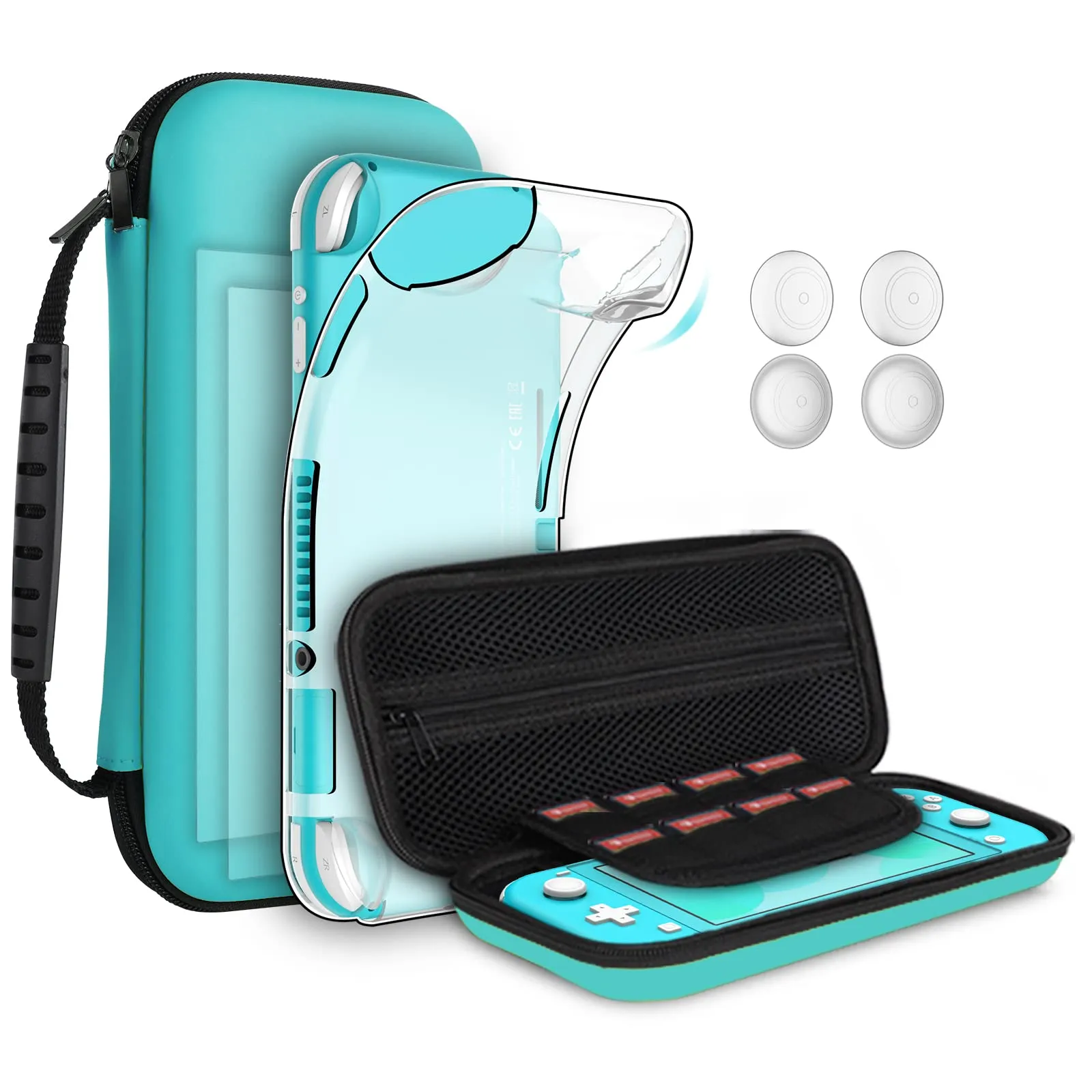 8pcs GeeRic Custodia Compatibile per Switch Lite, 2pcs Vetro Temperato + Cover + 4 Thumb Grips + Borsa +Accessori 8 in 1 Kit Compatibile con Switch Lite Turchese