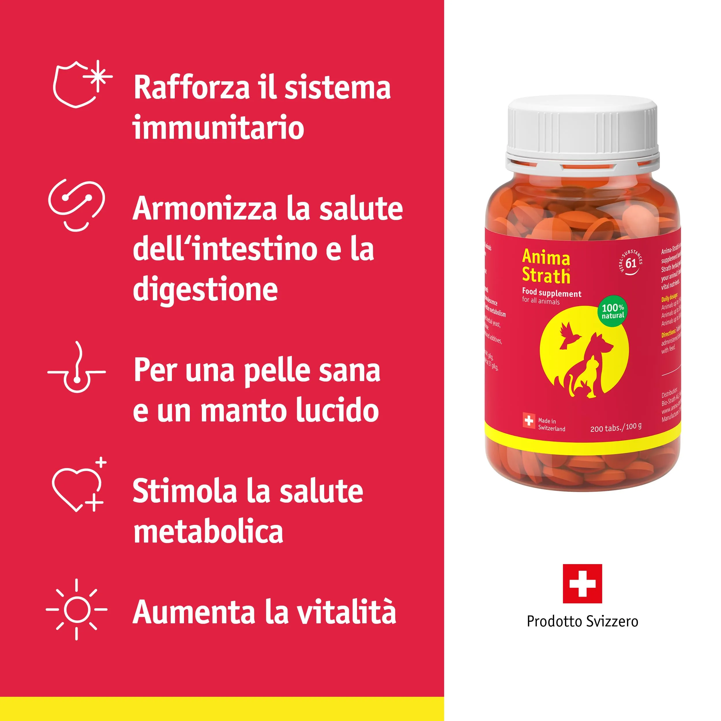 Anima Strath Integratore Alimentare per Cani - 61 Nutrienti, Vitamine, Minerali, Aminoacidi, Integratore Naturale per il Sistema Immunitario e la Digestione. (200 Compresse)