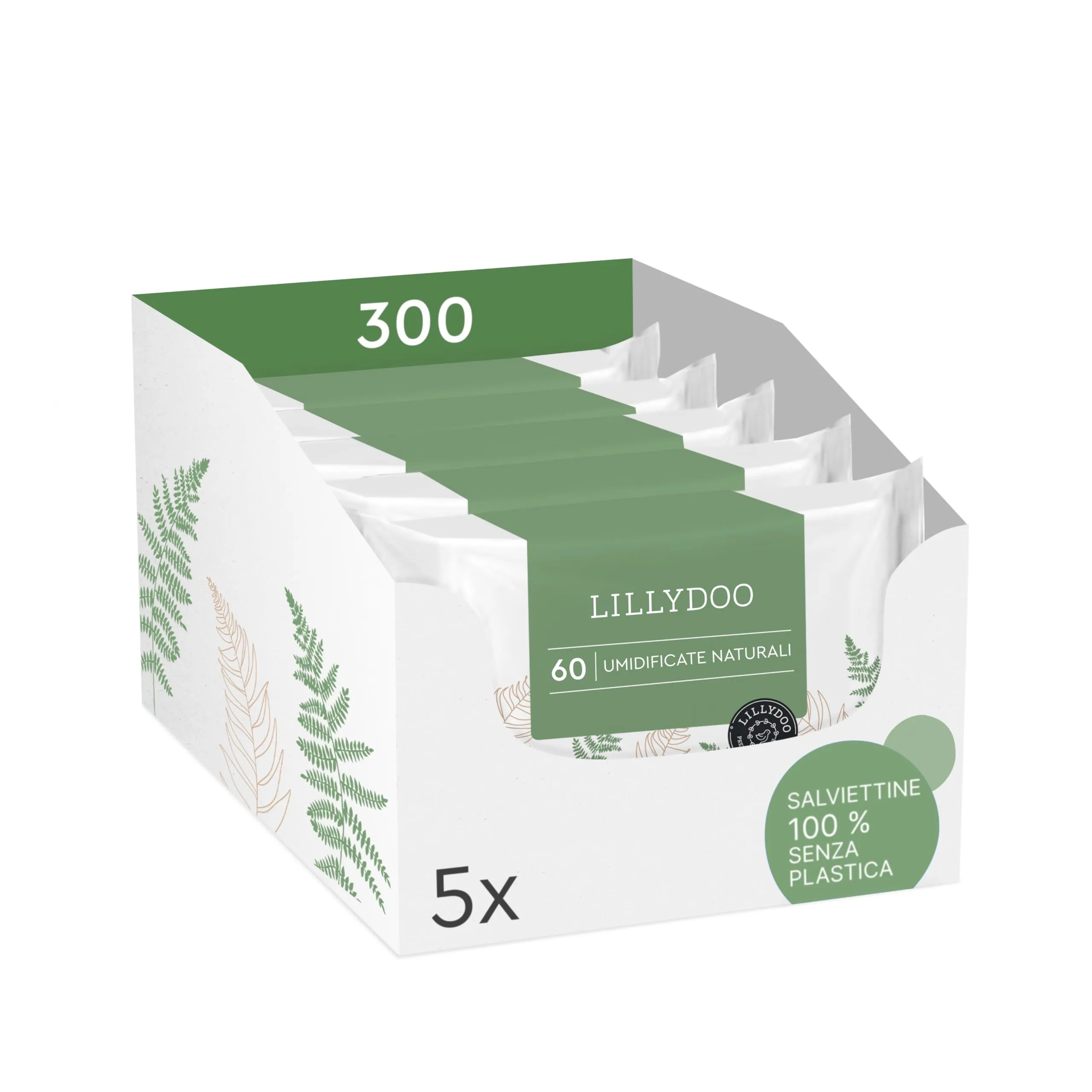 Salviettine naturali LILLYDOO green, 300 pezzi (5 x 60), 100% senza plastica e senza profumi