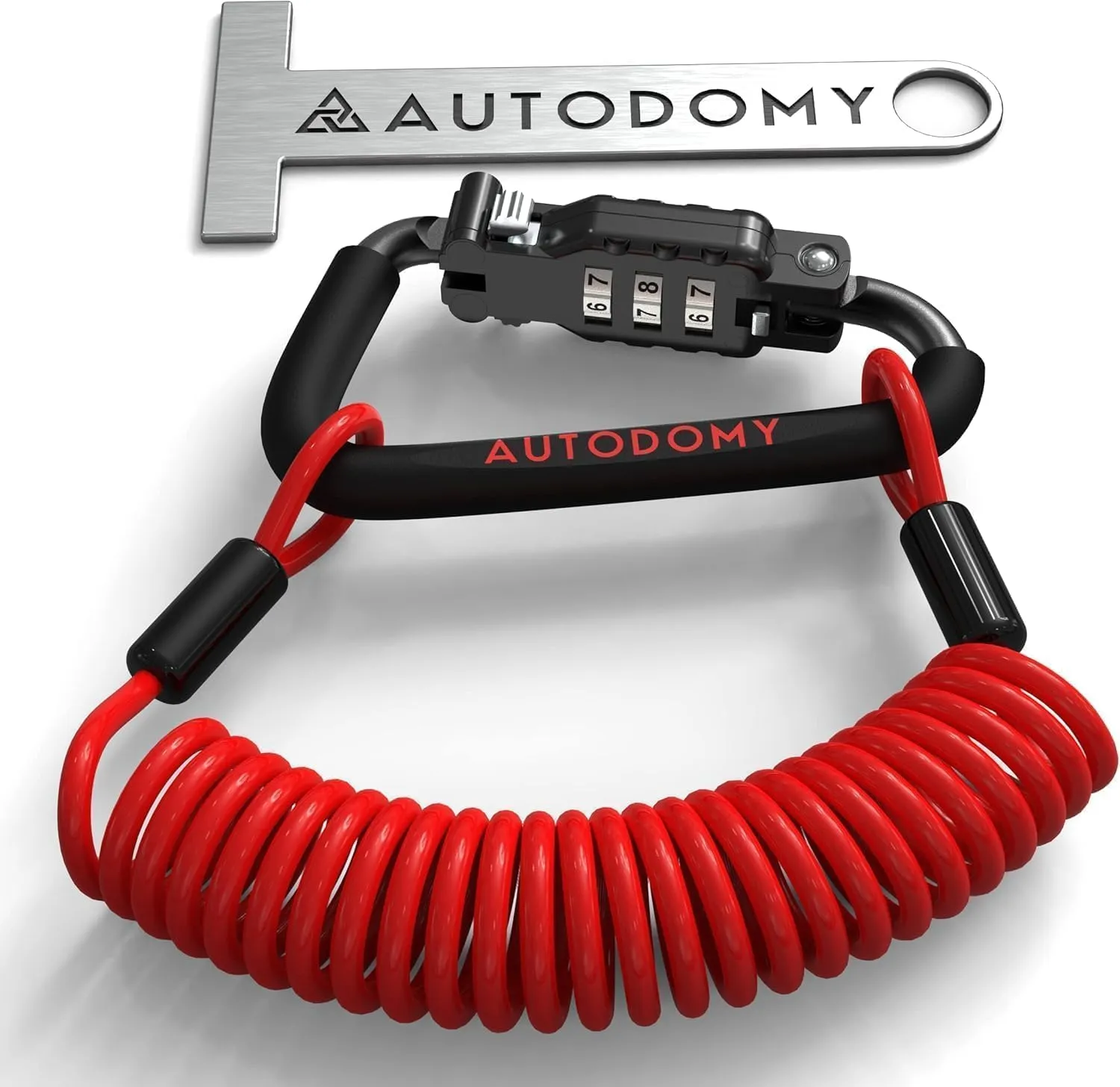 Autodomy Lucchetto Antifurto per Casco Moto | Moschettone Con Codice Di Sicurezza + Cavo Flessibile in Acciaio 150 cm + Adattatore a T | Accessori Blocca Gancio