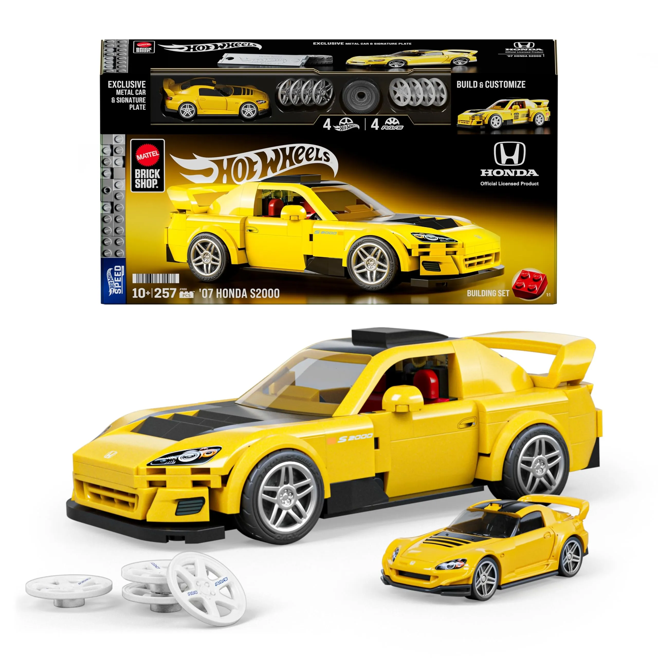 Mattel Brick Shop Hot Wheels - '07 Honda S2000 Serie Speed, set da costruire con 257 pezzi, dettagli realistici e adesivi per personalizzare l'auto, 10+ anni, JFR88