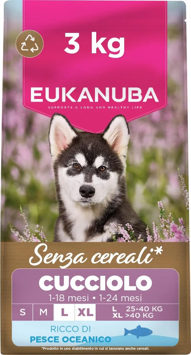 Eukanuba Mangime per cuccioli senza cereali con pesce per razze di taglia grande, mangime secco premium senza cereali per cani giovani, 3 kg