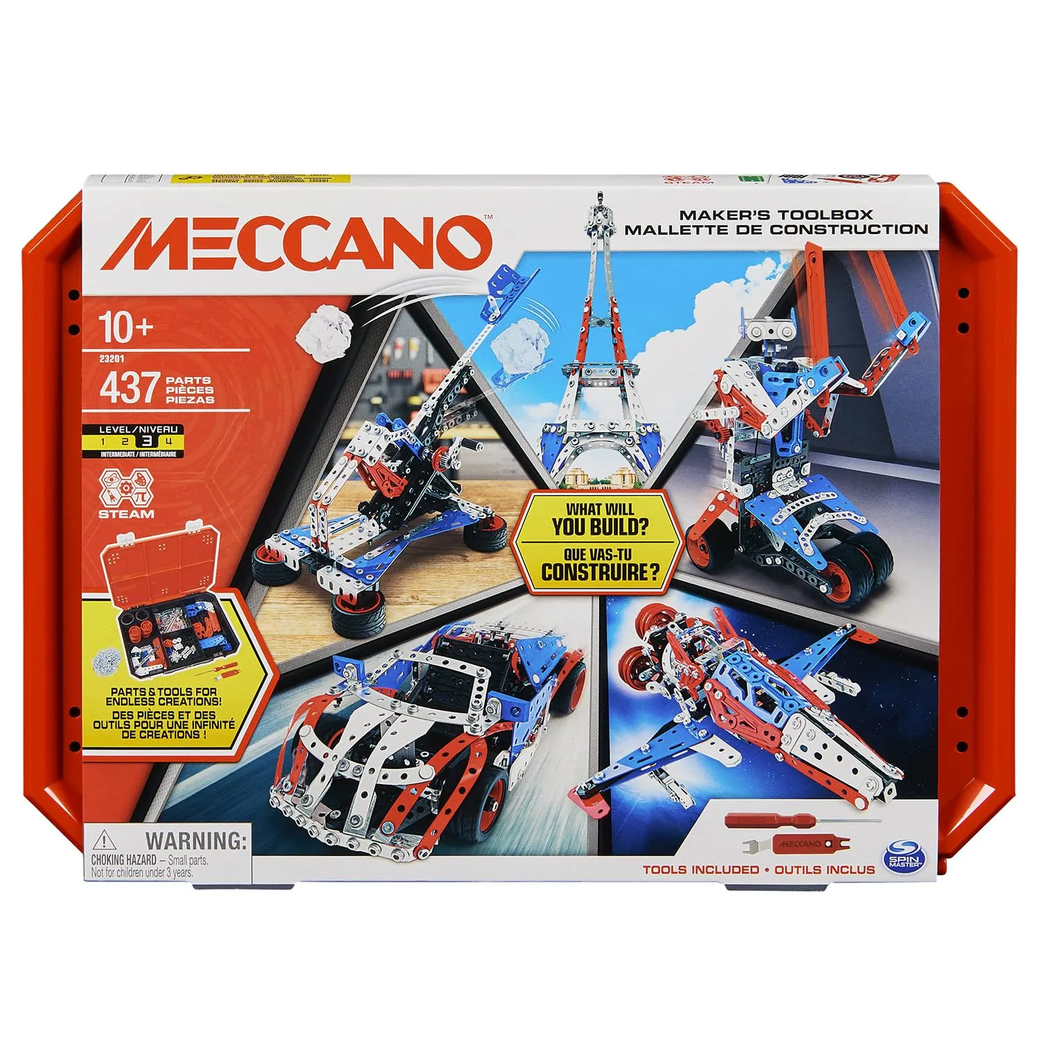 BANDAI - Meccano Valigetta di Costruzione - Kit di Costruzione 5 in 1 Veicoli, Robot, Torre Eiffel - 437 pezzi, attrezzi, istruzioni - Kit Attività assemblaggio - Giocattolo Bambini 10+ - APM20106