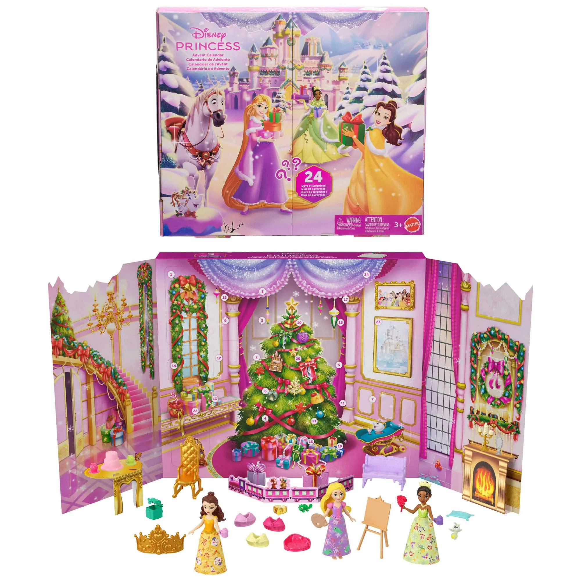 Mattel Disney Princess Calendario dell'Avvento con 24 giorni di sorprese, tra cui 3 mini bambole, 3 amici, 6 abiti e 16 accessori ispirati ai film, JFG79