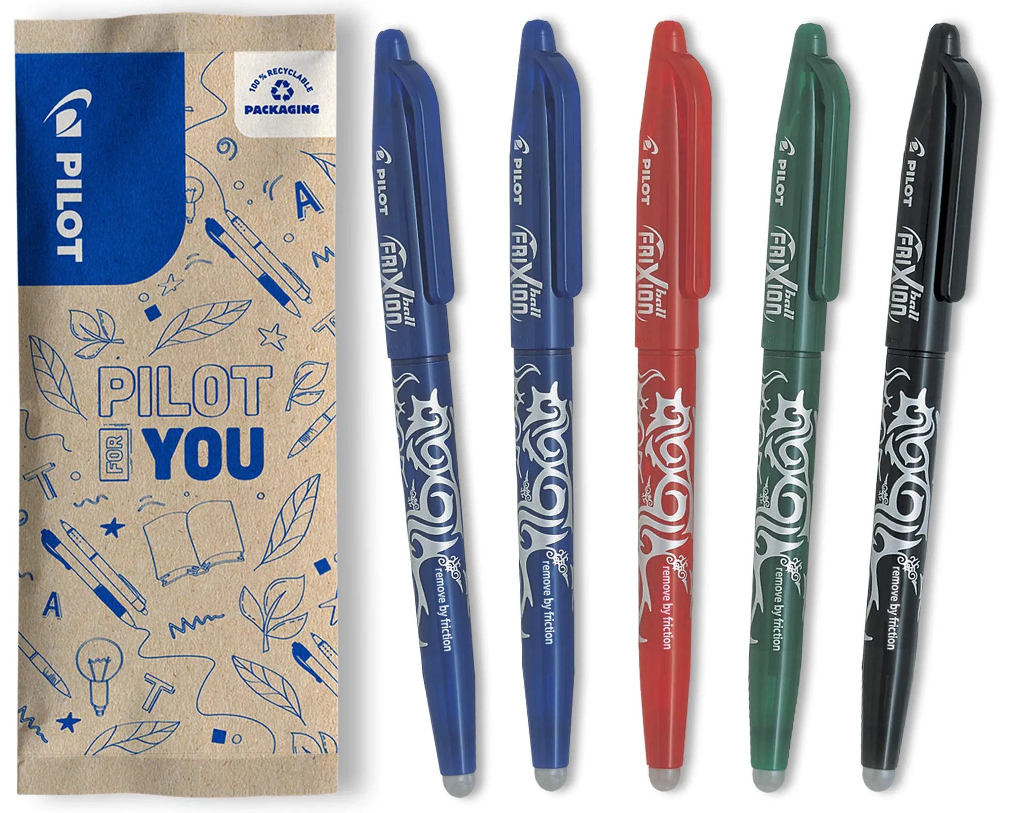 PILOT, Frixion Ball Pacco Da 5, Penna Cancellabile Al Calore Con Inchiostro Termosensibile, Penna a Sfera Ricaricabile con Gommino Integrato, 2 Blu, 1 Nero, 1 Rosso, 1 Verde, Tratto Medio