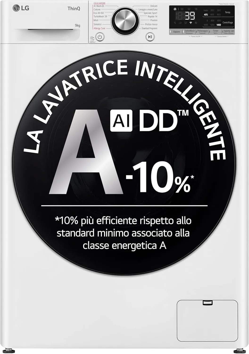 LG AI DD F4R7009TSWB Lavatrice 9 kg Classe A -10%, 1400 Giri, Carica Frontale con Oblò in Vetro Temperato, Funzione TurboWash 360, Vapore su 7 Programmi, Wi-Fi, Libera installazione, Serie R7, Bianca