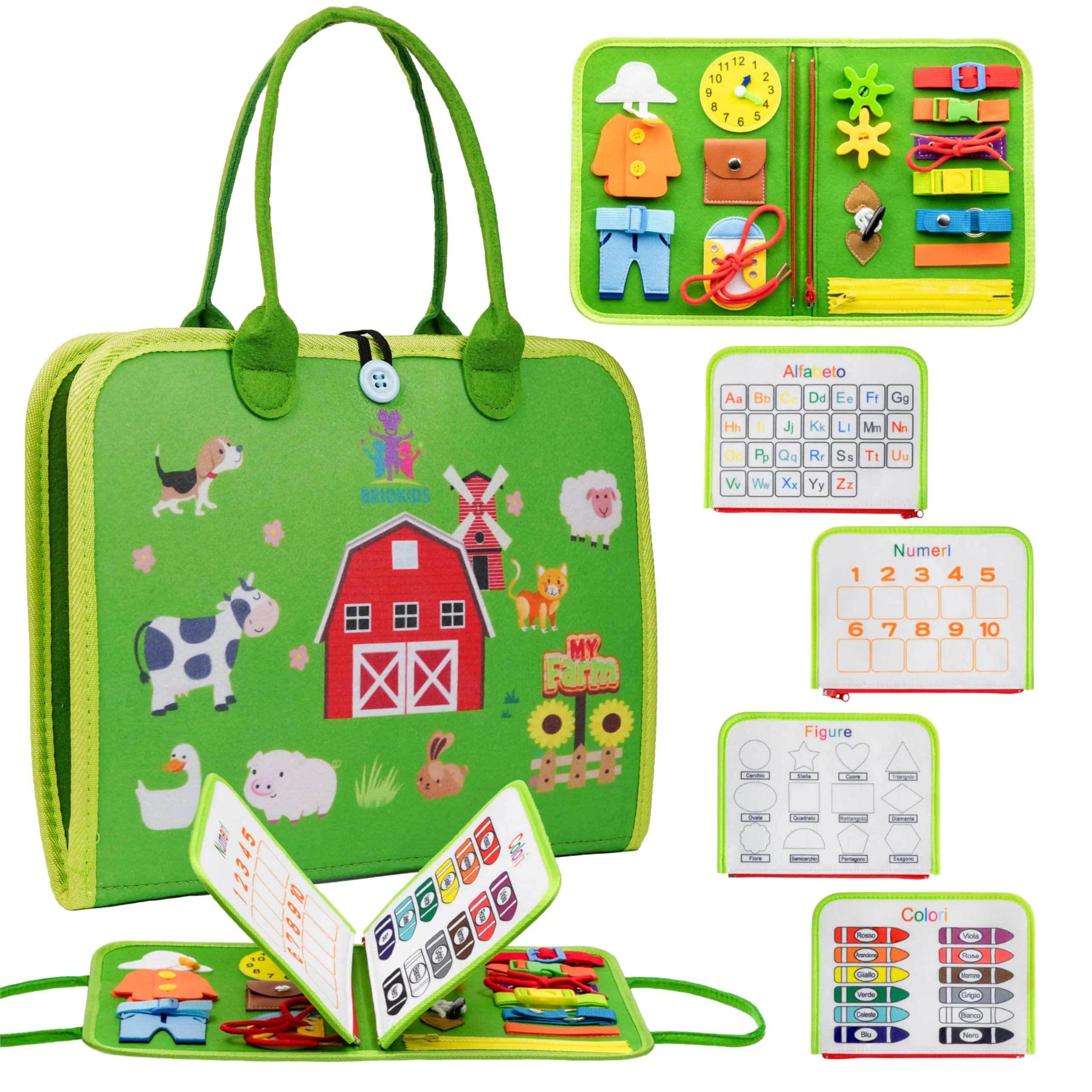 BrioKids Libro Montessori Interattivo in Feltro - Busy Board Montessori Italiano - Gioco Bambino 2, 3, 4 Anni - Valigetta Sensoriale con Giochi Educativi per Maschio e Femmina per Sviluppo Cognitivo