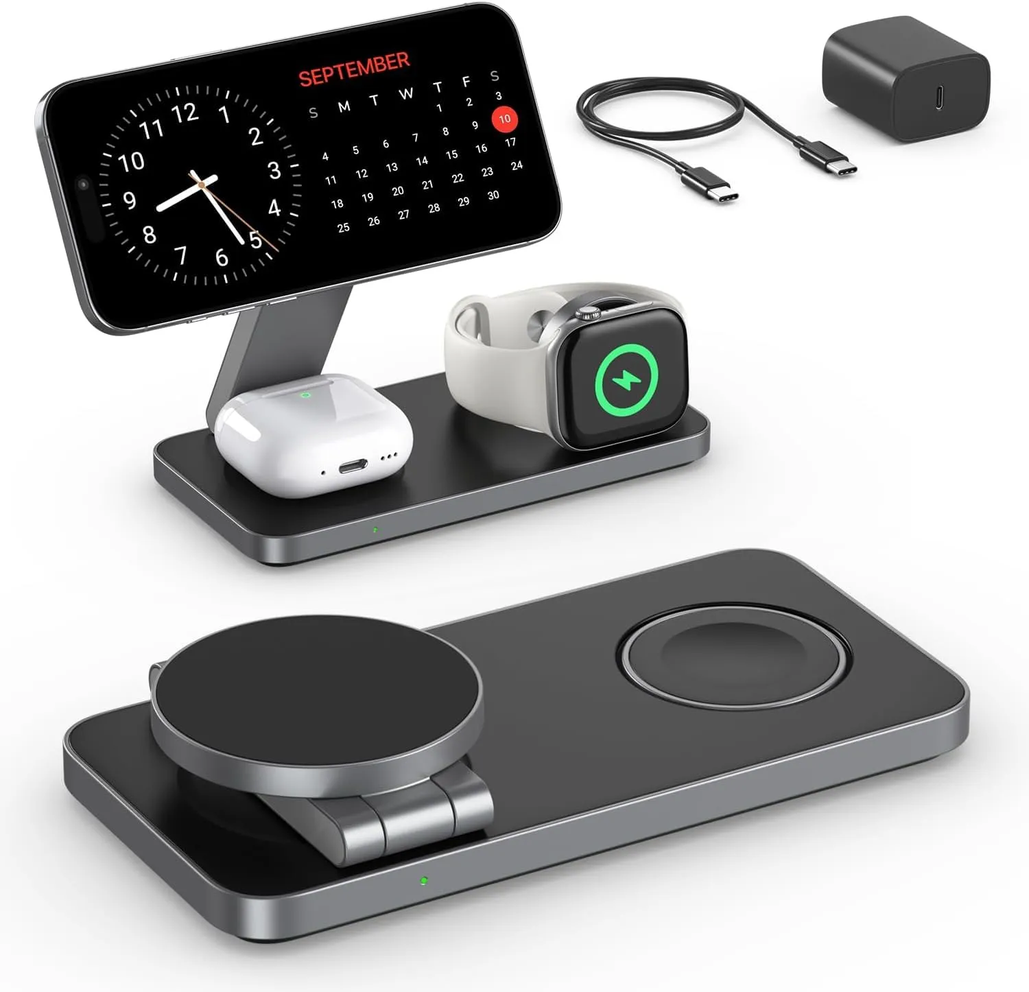 Caricatore Wireless per iPhone con Mag-Safe, 3 in 1 stazione di ricarica per Apple Pieghevole Inductive Wireless Charger per iPhone 16 15 14 13 12, Apple Watch 10/9/8/7/6/SE/5/4/3/, per AirPods Pro