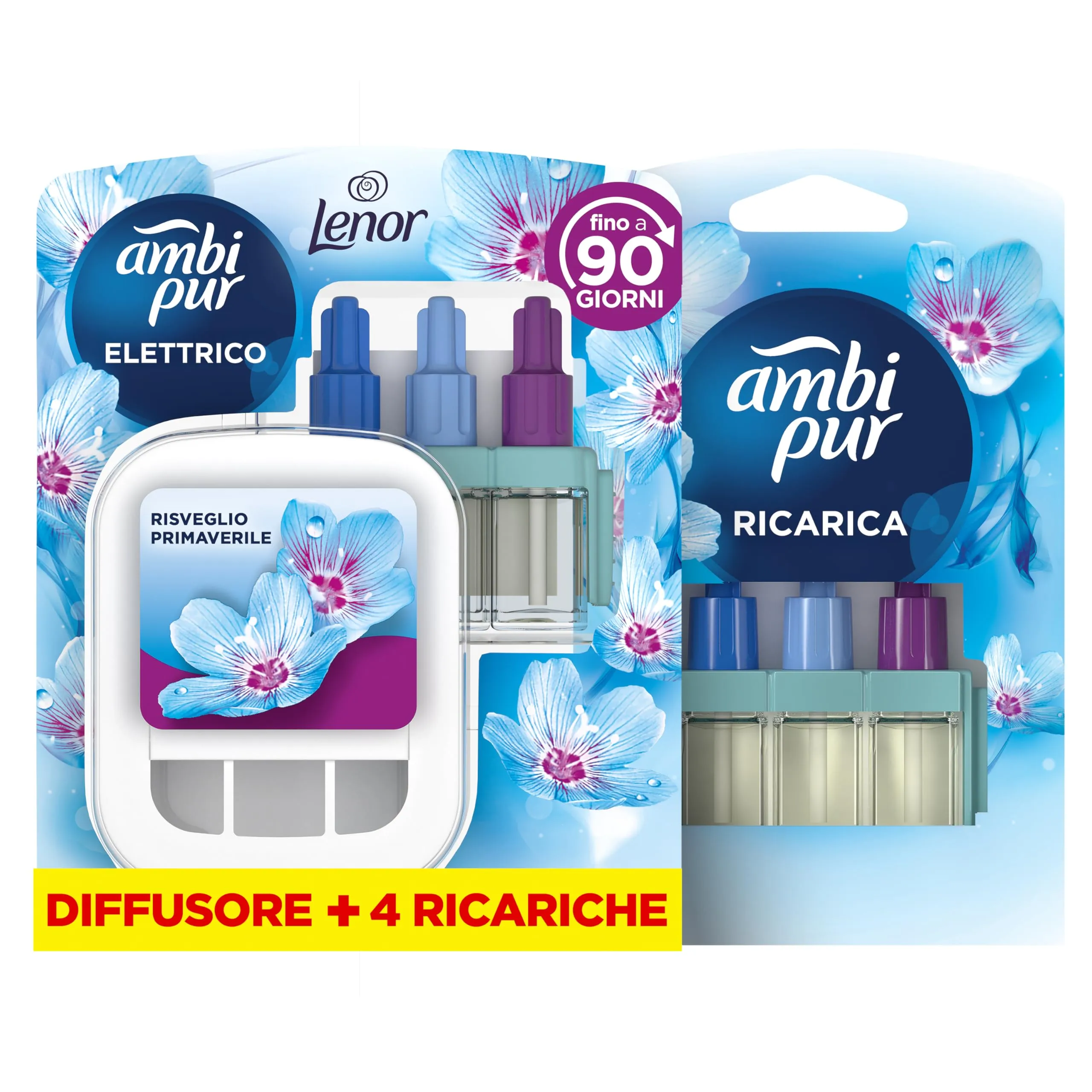 Ambi Pur 3Volution Profumatore per Ambienti, Diffurore Elettrico e 4 Ricariche, Fragranza Lenor Risveglio Primaverile, tecnologia Elimina Odori, Fino a 90 Giorni di Profumo per Ricarica