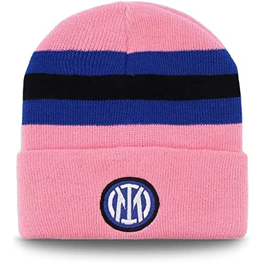 Inter Berretto invernale con Ribalta Nuovo Logo con Righe, Acrilico, Unisex Adulto, Rosa/Nero/Blu, Taglia Unica