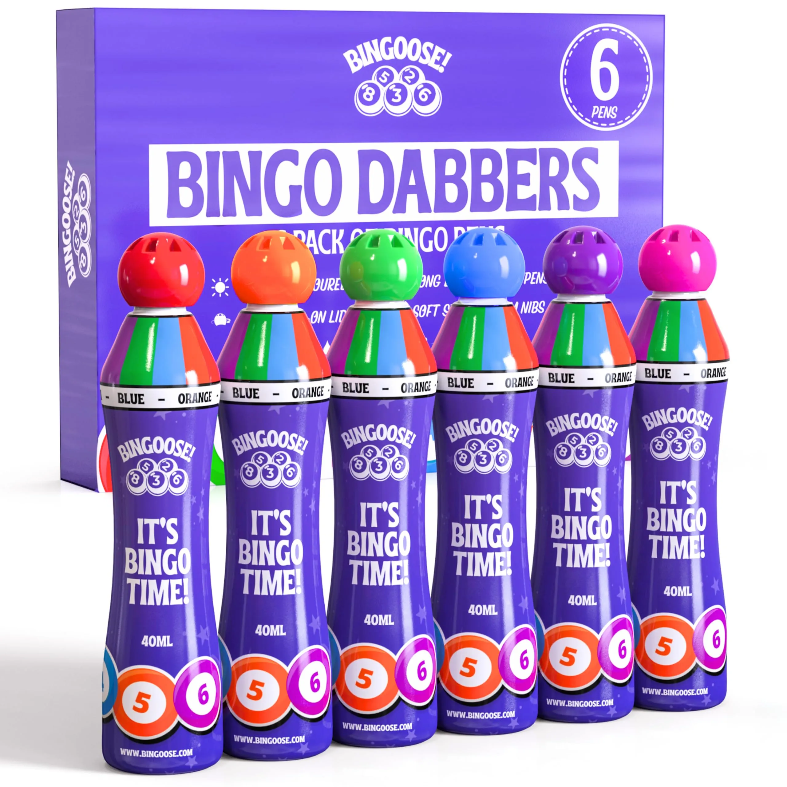 Bingo Dabbers - Confezione da 6 penne da bingo con punta in spugna con inchiostro luminoso, tappo a vite, non perdono, pennarelli a lunga durata per divertimento notturno