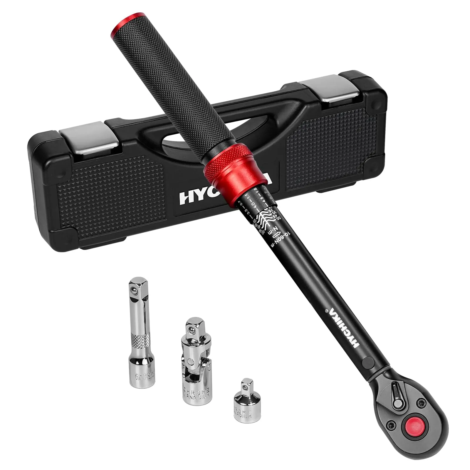 HYCHIKA Chiave Dinamometrica 3/8 di Pollice, 10-60Nm, Precisione ±2%, 72 Denti, Kit Dinamometrica con Adattatore da 3/8 a 1/4, Giunto Card, Barra di Prolunga per Auto, Moto, Bici, Lavori Meccanici
