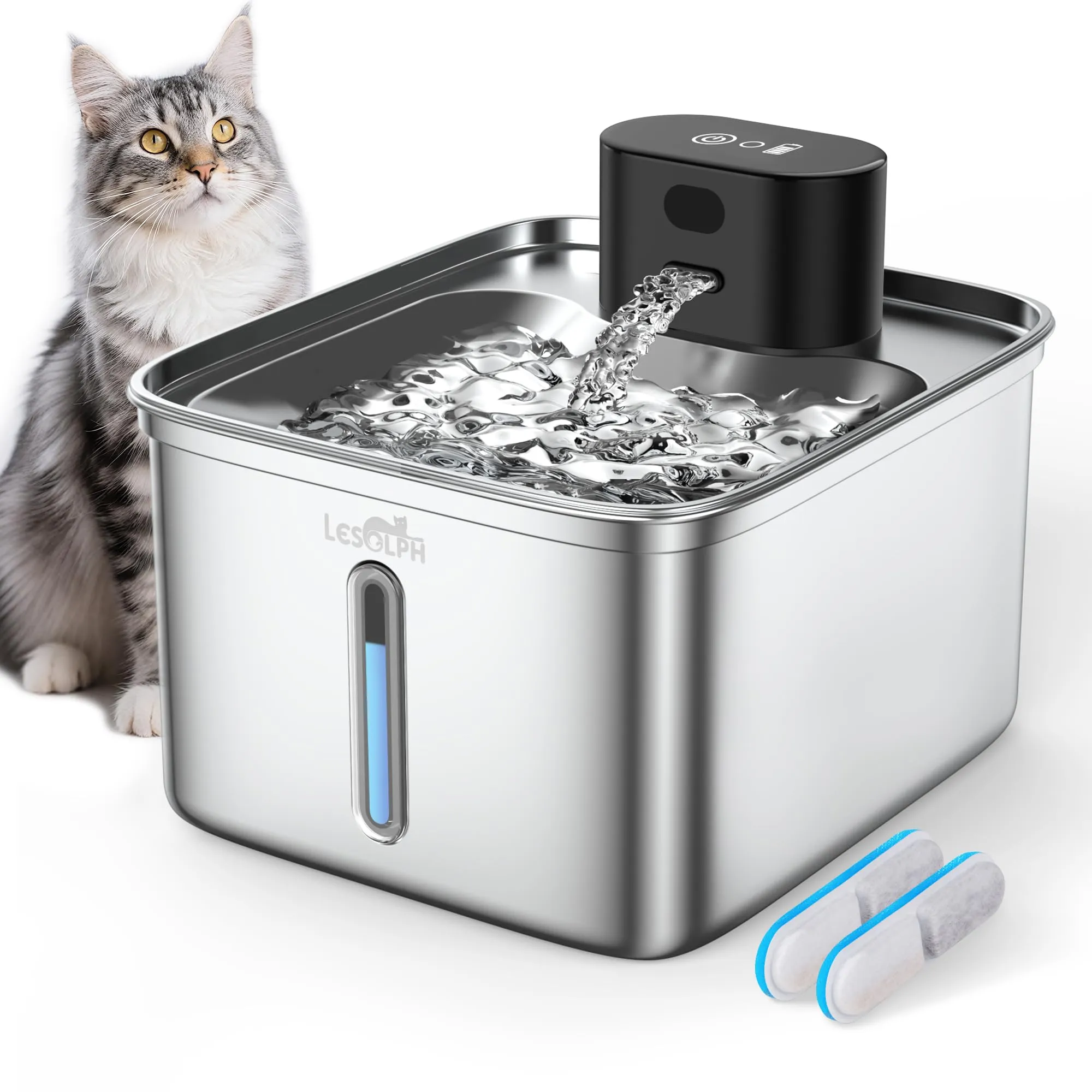 Fontanella per Gatti Senza Fili, 3.5L Fontanella per Gatti con Sensore di Movimento, Acciaio Inox con Pila 5000mAh Ricaricabile, Tecnologia Esclusiva Senza Pompa, con 2 Filtri