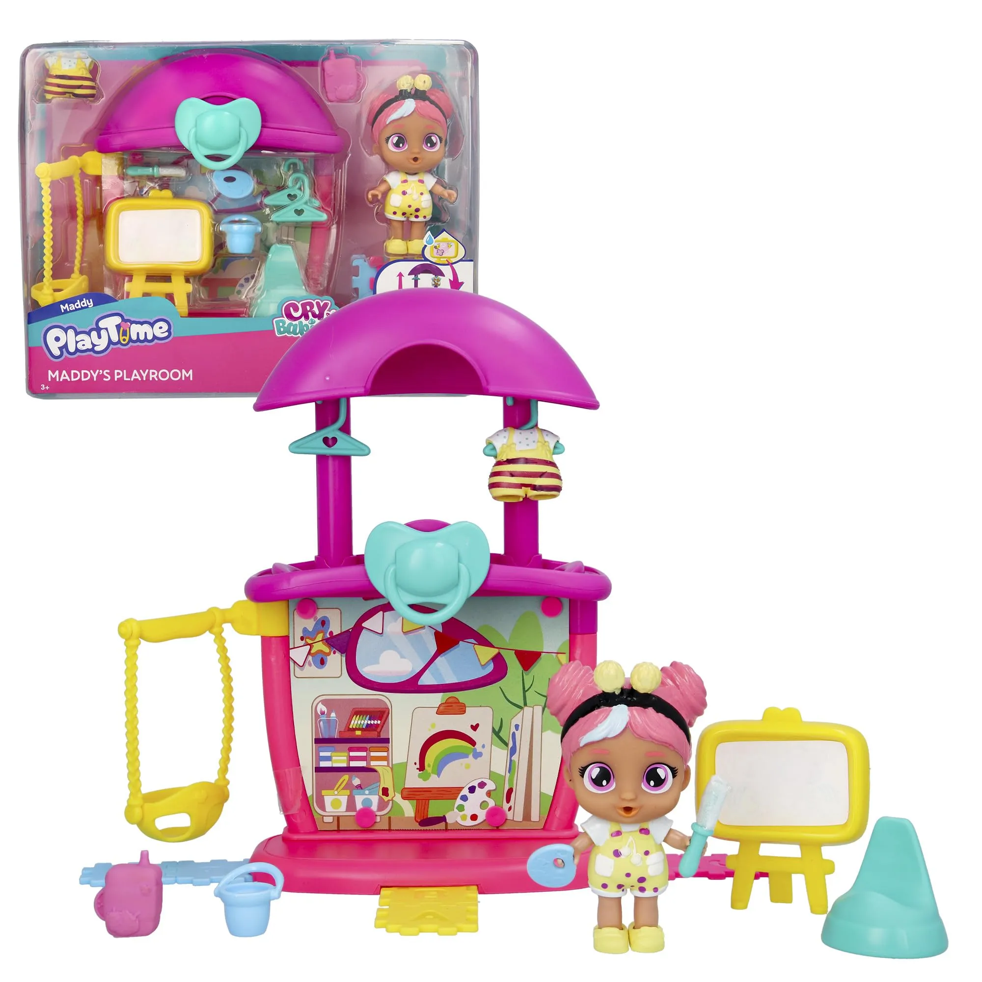 PLAYTIME CRY BABIES Stanza Dei Giochi Di Maddy, Bambola con Mini Playset della Stanza Dei Giochi Di Maddy, Con 14+ Accessori, che Piange Lacrime Vere con Funzione Magica, Bambini dai 4 ai 6 Anni
