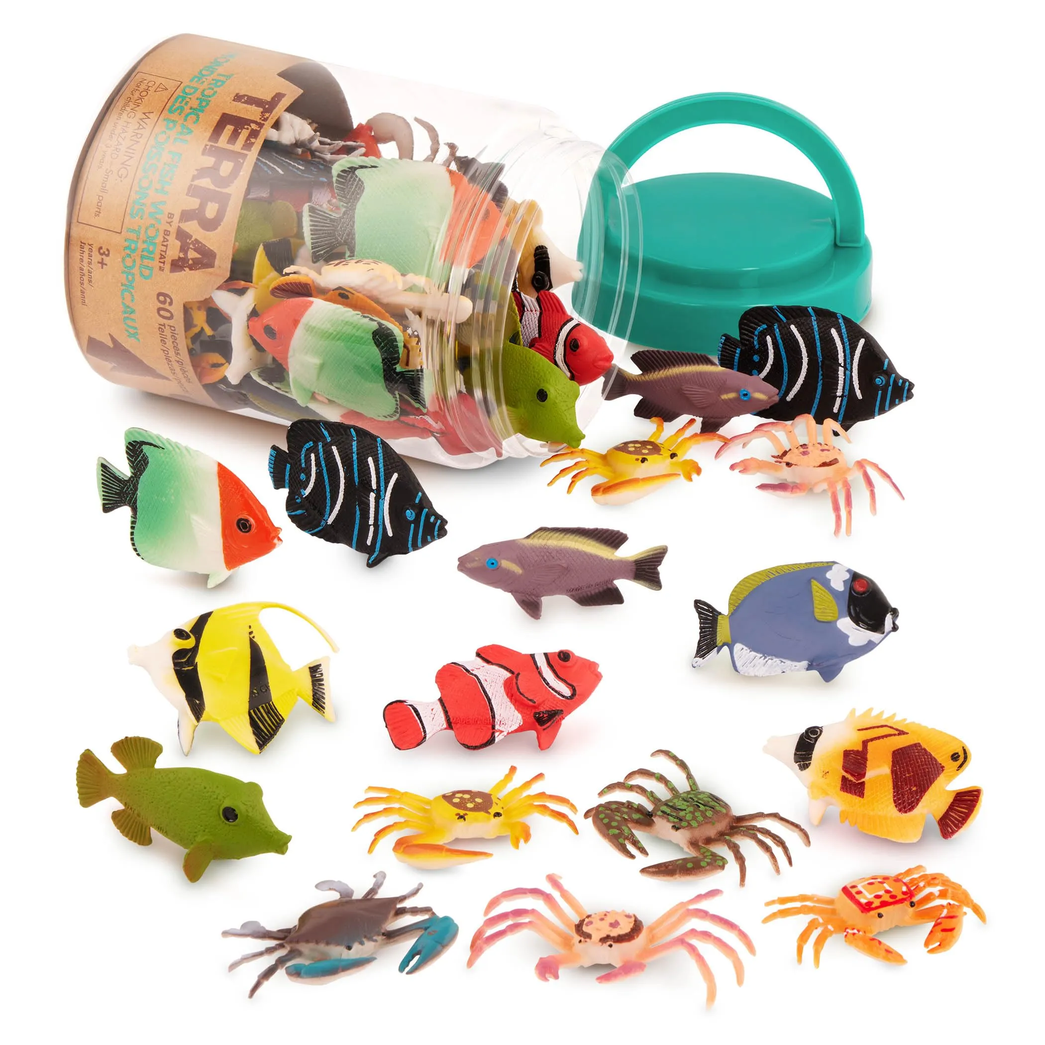 Terra by Battat - 60 Pezzi Pesci tropicali in tubo - miniature acquatiche assortite, pesci pagliaccio, pesci chirurgo blu, granchi e altro, figurine per bambini dai 3 anni +