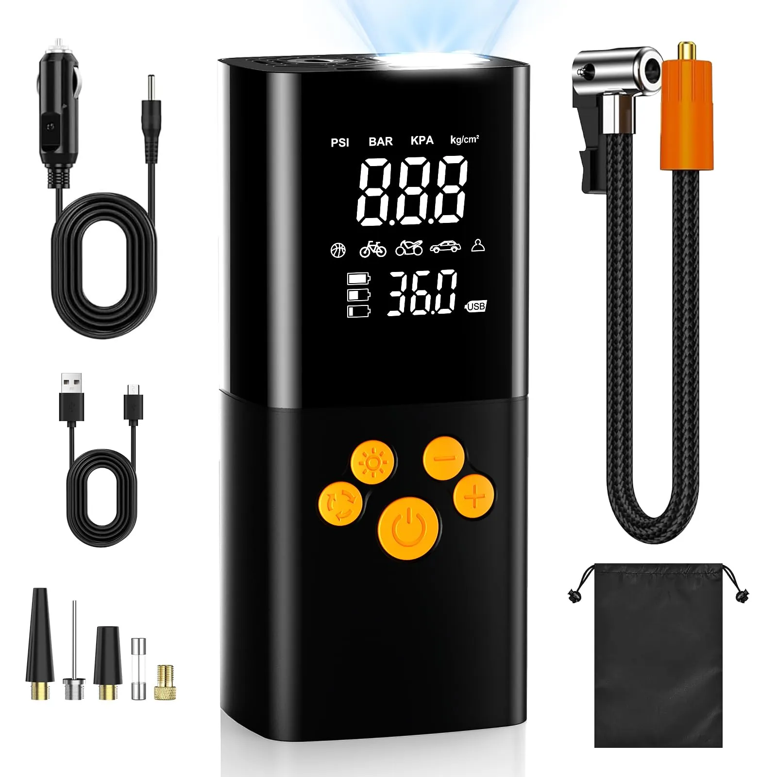 160PSI Compressore Aria Portatile 10000mAh,Portable Electric Air Compressor auto con 5 Modalità, Schermo LCD Digitale e Torcia LED, Pompa Elettrica per Bicicletta, Auto, Moto