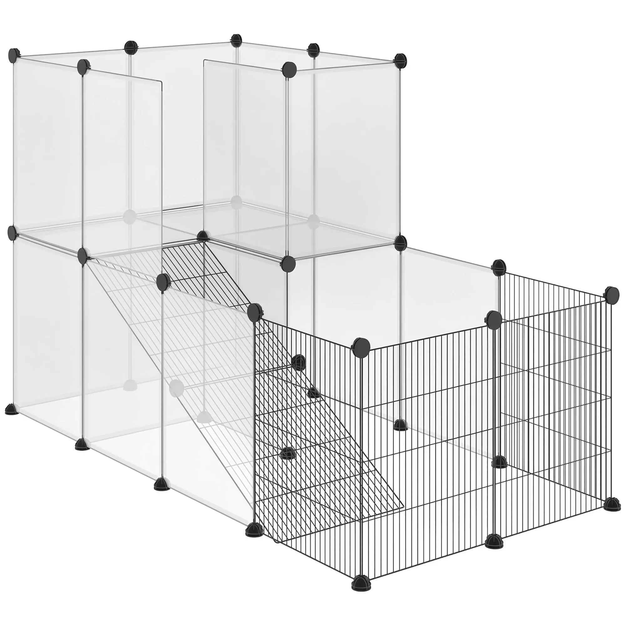 PawHut Recinto Modulare per Conigli, Cincillà e Porcellini d'India, Box per Animali di Piccole Dimensioni, 27 Pannelli Acciaio e Resina