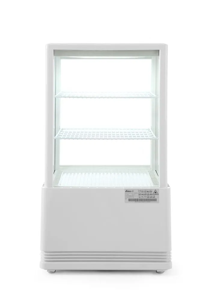 HENDI Vetrina da Esposizione Refrigerata, Sbrinamento Automatico, Sistema Antifog, 2 Ripiani, Illuminazione LED, Classe Energetica C, 58L, 230V, 170W, 452x406x(H)816mm, Bianco, ABS, Doppio Vetro