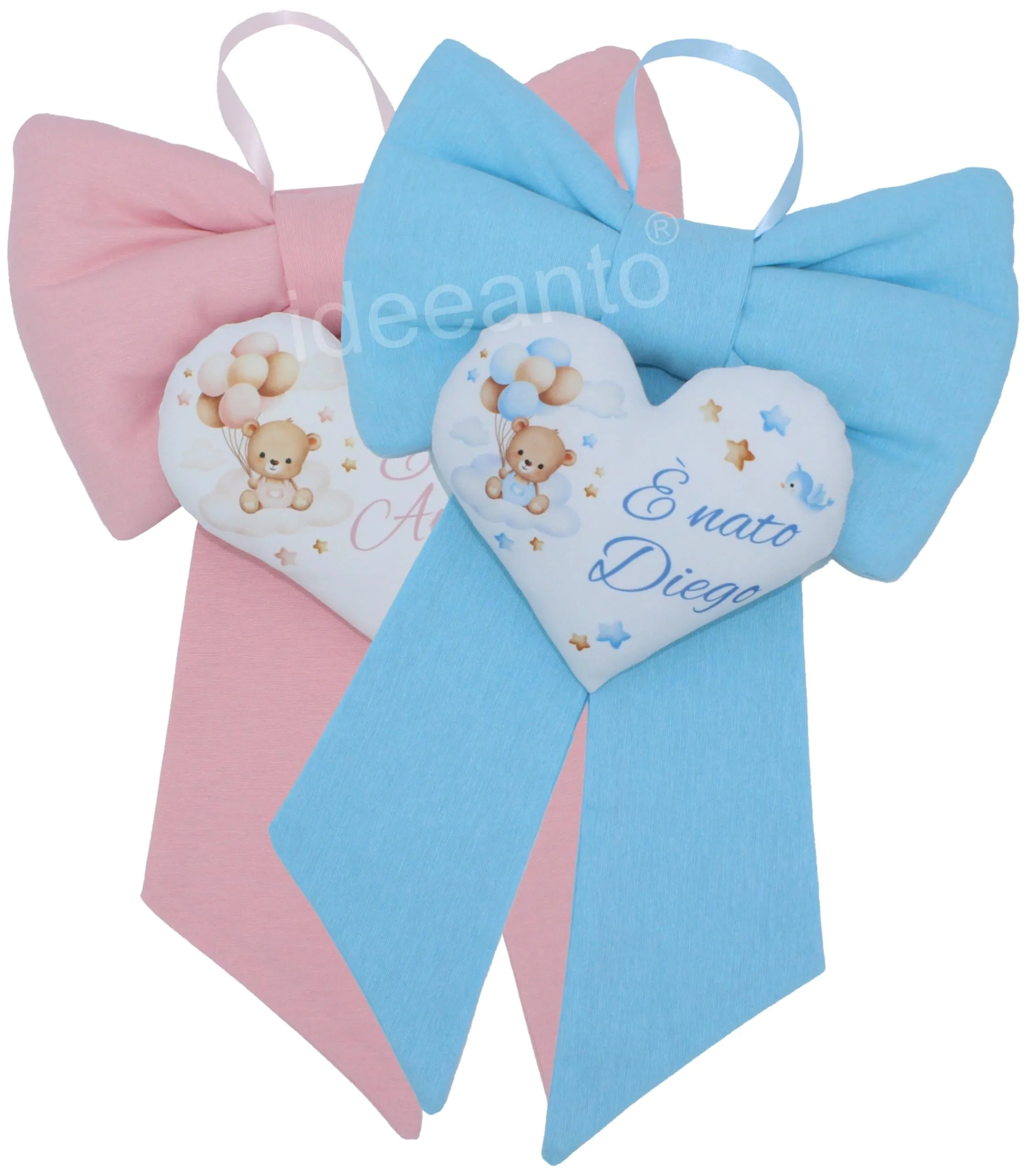 Fiocco nascita bambino o bambina personalizzatocon nome e frase, lavorato a mano in Italia, rosa o azzurro
