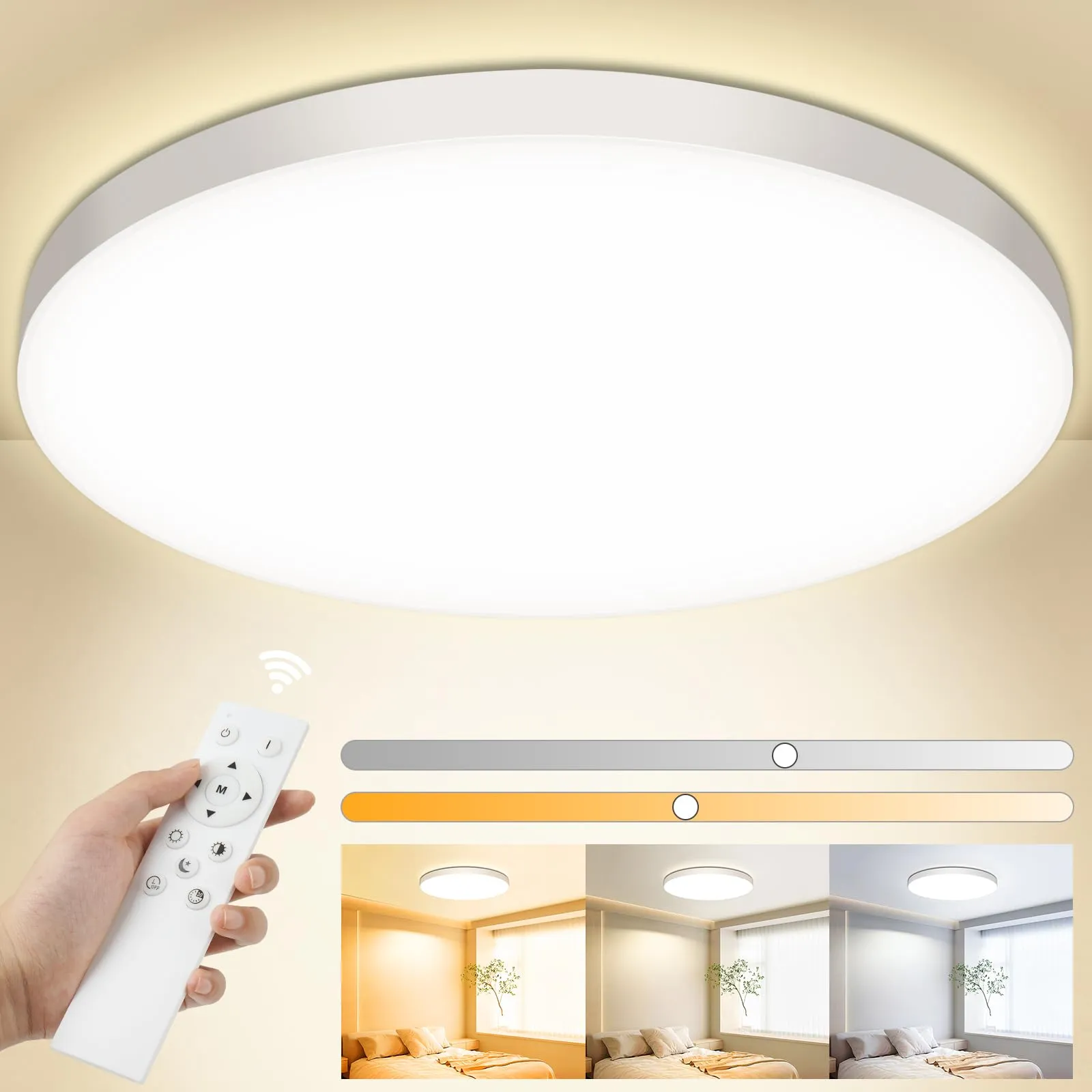 OUILA Plafoniera LED Soffitto Dimmerabile, 24W Lampada da Soffitto con Telecomando 3000K-6500K Plafoniera Bagno IP44 Impermeabile Ø28CM 2000LM Lampadario LED Moderna per Cameretta, Cucina, Soggiorno