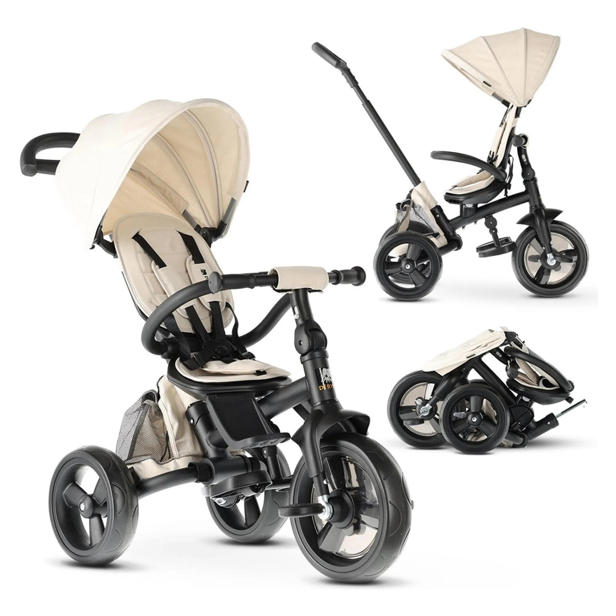 Deryan Explorer Triciclo da 9 Mesi fino a 25 kg – Triciclo per Bambini con Maniglione di Spinta – Sedile Girevole – Tettuccio Estensibile con Protezione Solare - Torrone