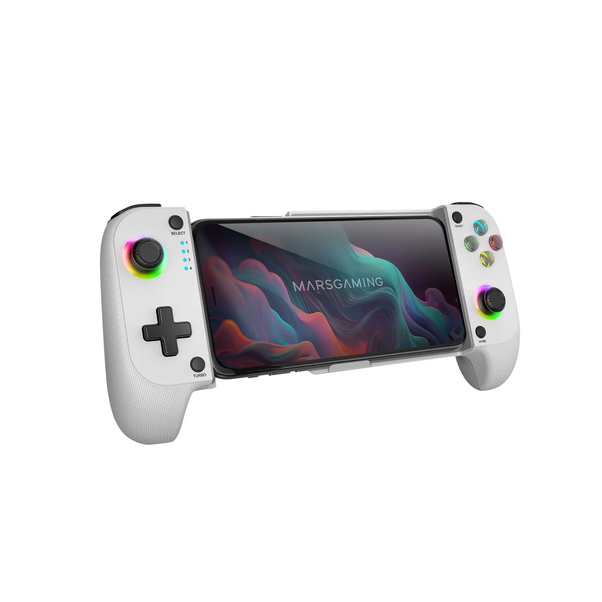 MARSGAMING MGPX, Gamepad Bluetooth 5.0 2-in-1, RGB Neon, Doppia Vibrazione e Funzione Turbo, Supporto Smartphone Fino a 6.8", Controller Compatibile con PC, Android, iOS e Console, USB-C, Bianco