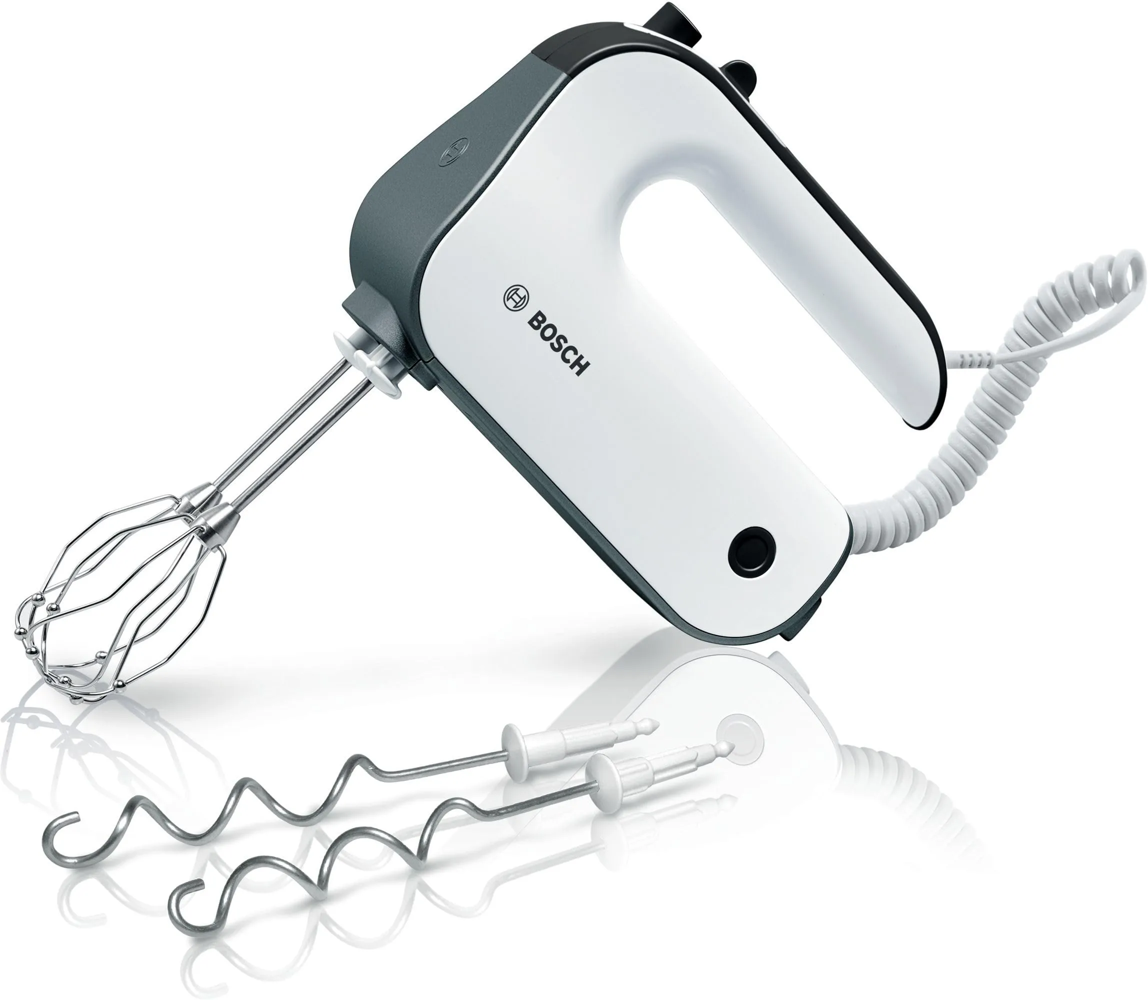 Bosch Elettrodomestici MFQ49300 - Miscelatore manuale a 5 livelli, 2 ganci per frusta e impastare, cavo a spirale, 850 W, colore: bianco/argento scuro