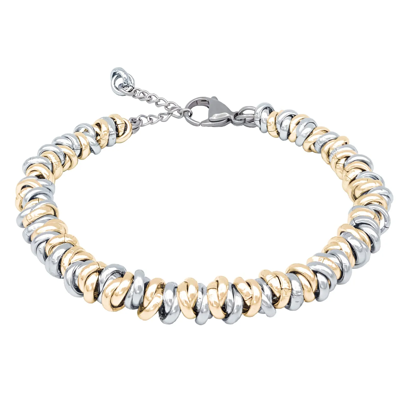 ParticolarModa Bracciale Donna regolabile nodini anelli intrecciati acciaio alluminio morbido 6 mm (Regolabile da 16 a 19 cm (x polso 13-15), Argentato/Dorato)